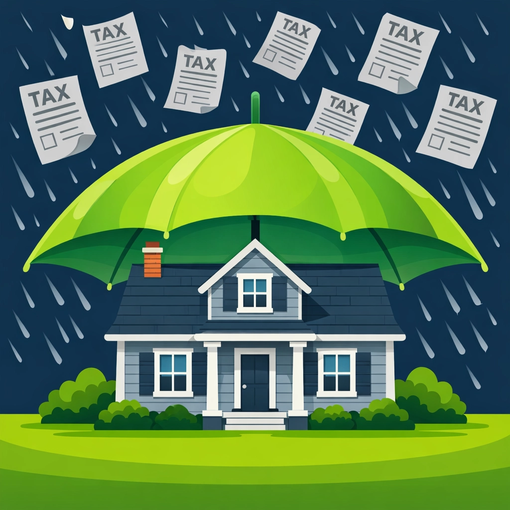 Illustration of a New England home shielded by an umbrella, representing tax planning and SALT cap relief for 2026.