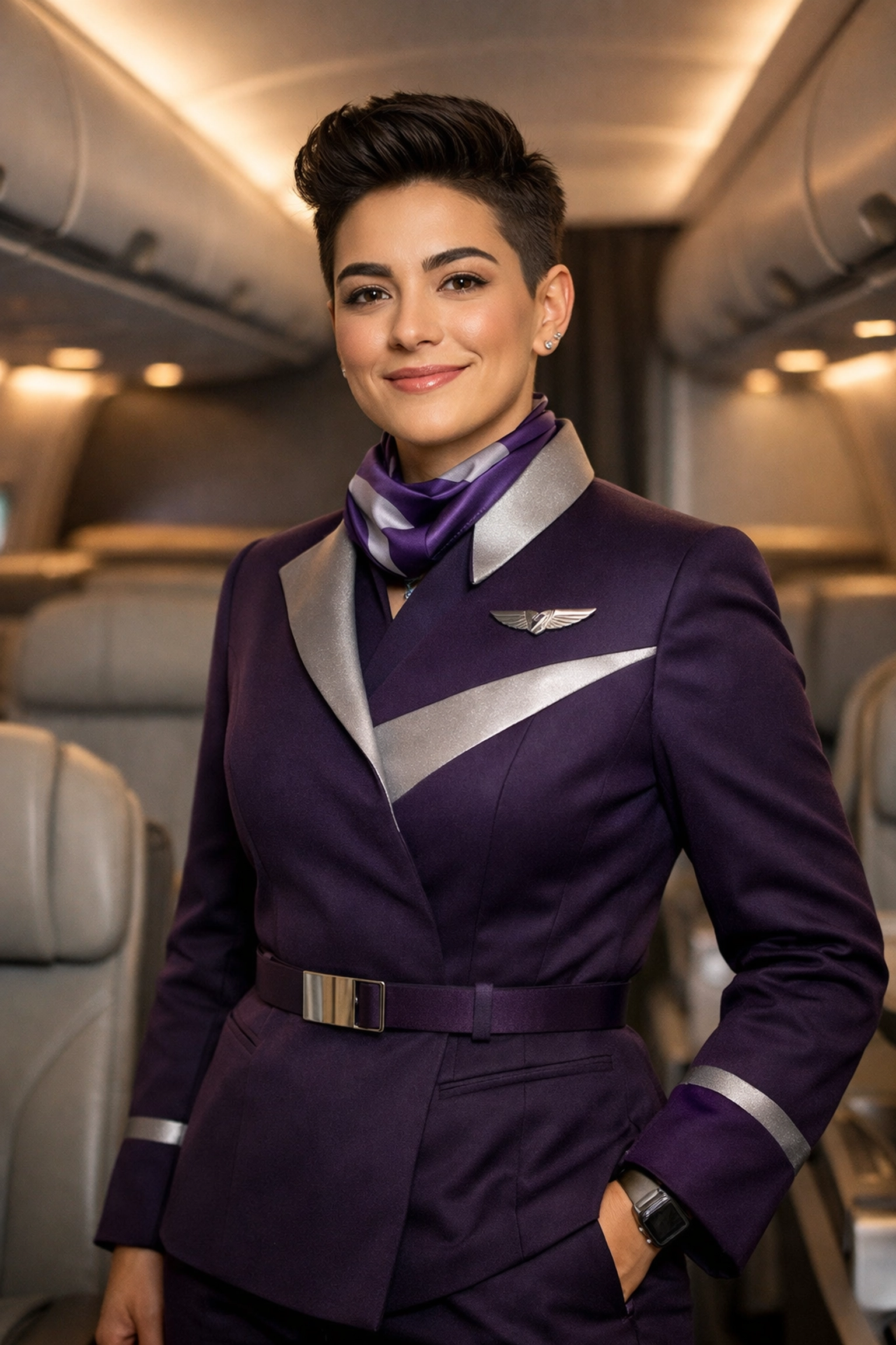 Non-binary flight attendant in gender-neutral airline uniform representing inclusive aviation future