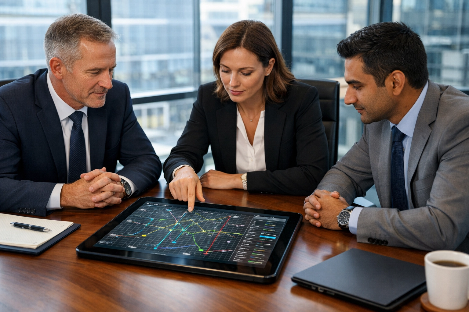 Executives reviewing strategic logistics playbook for seamless Super Bowl corporate travel management.