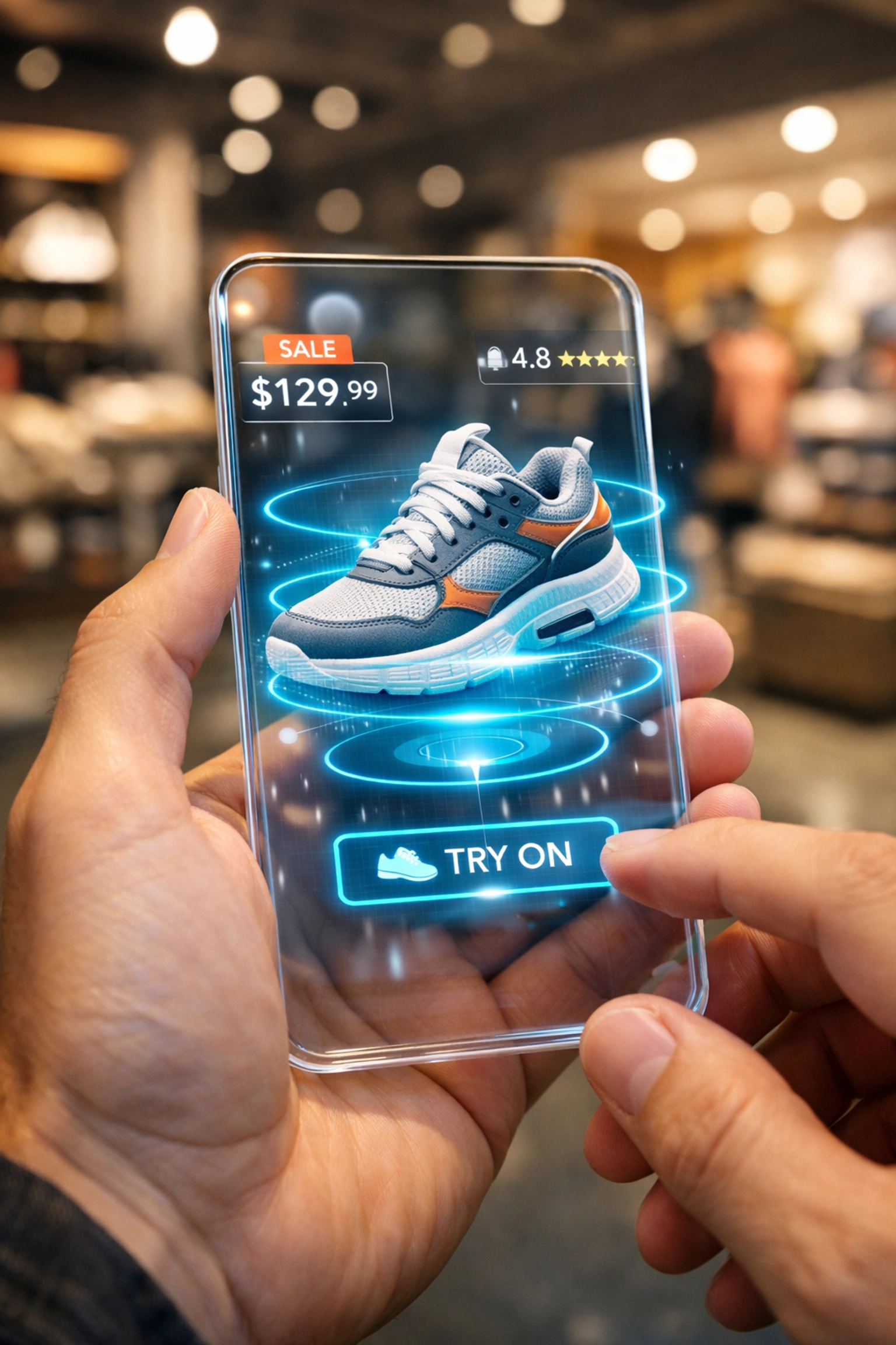 AR shopping experience displaying holographic product on smartphone in retail store
