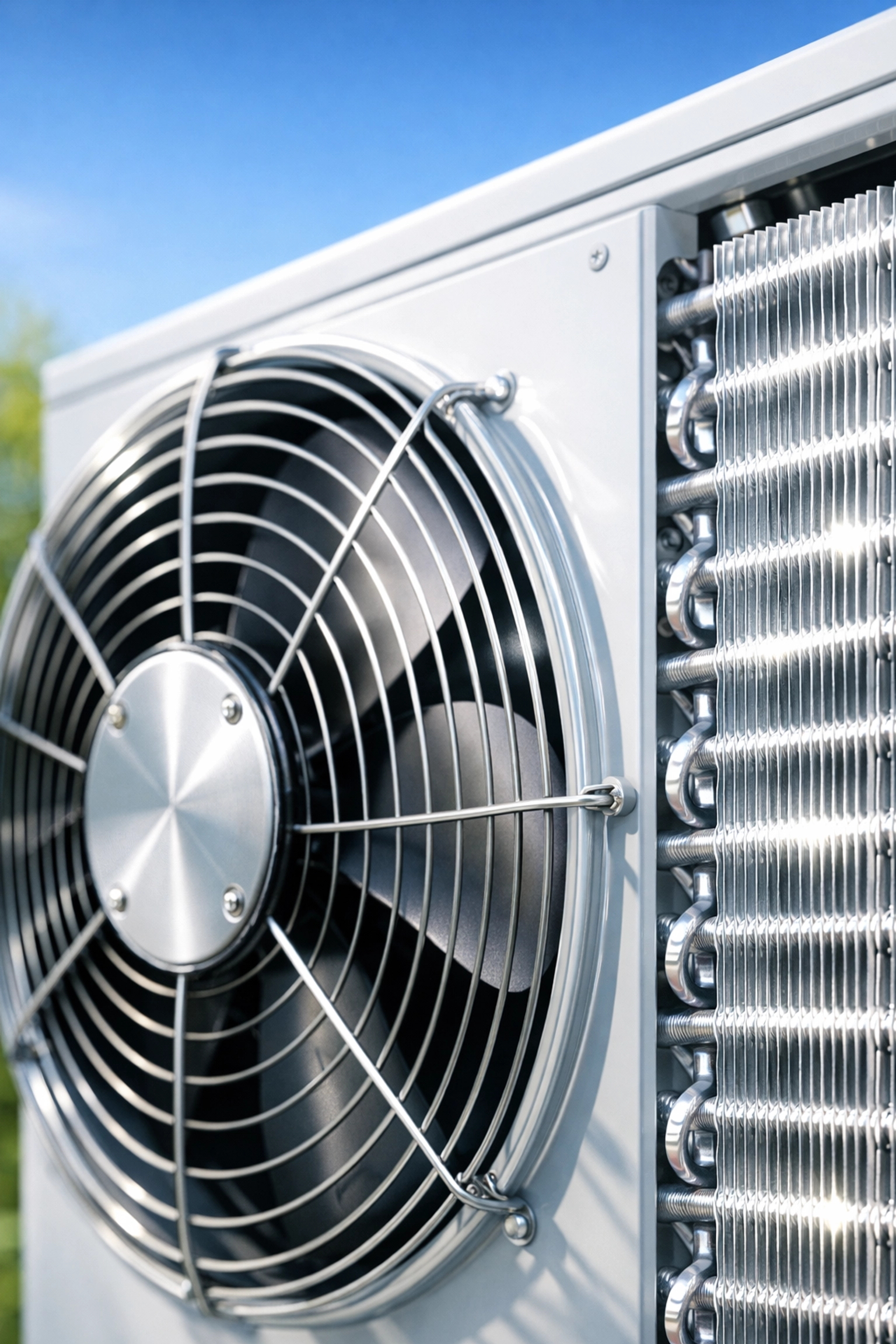Modern outdoor AC unit condenser showing metallic coils and fan for eco-friendly refrigerant systems.