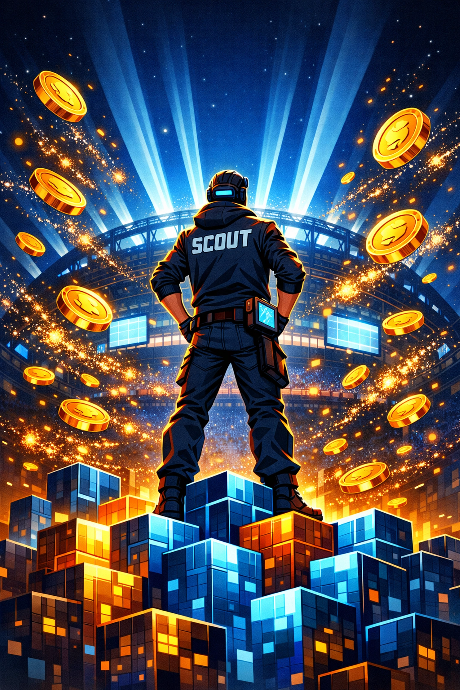 A sports market scout overlooking a stadium representing a successful athlete token portfolio.