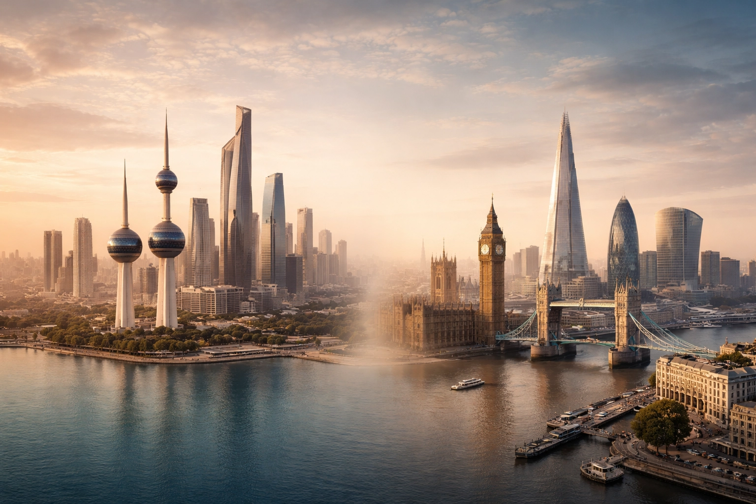Photo-realistic blended Kuwait City and London skylines, representing Kuwaiti investors exploring London property auctions and cross-border capital flow into the UK.