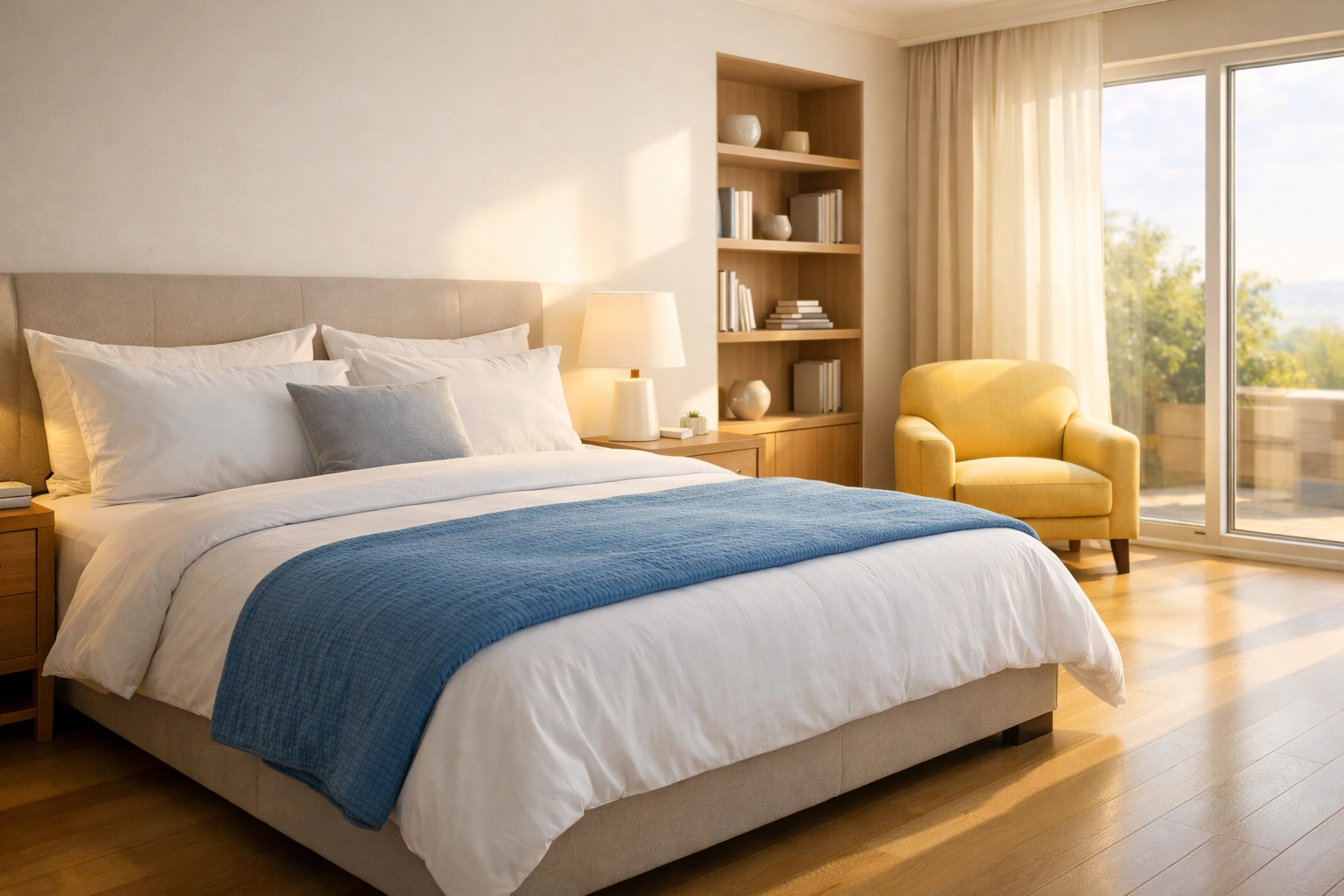 Clean and serene bedroom environment provided by reliable house cleaning Natick MA specialists.