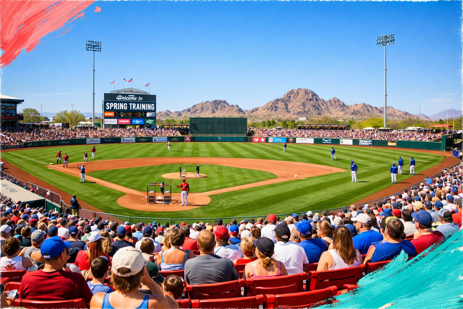 Spring Training baseball game at Surprise Stadium in Arizona with families enjoying the action