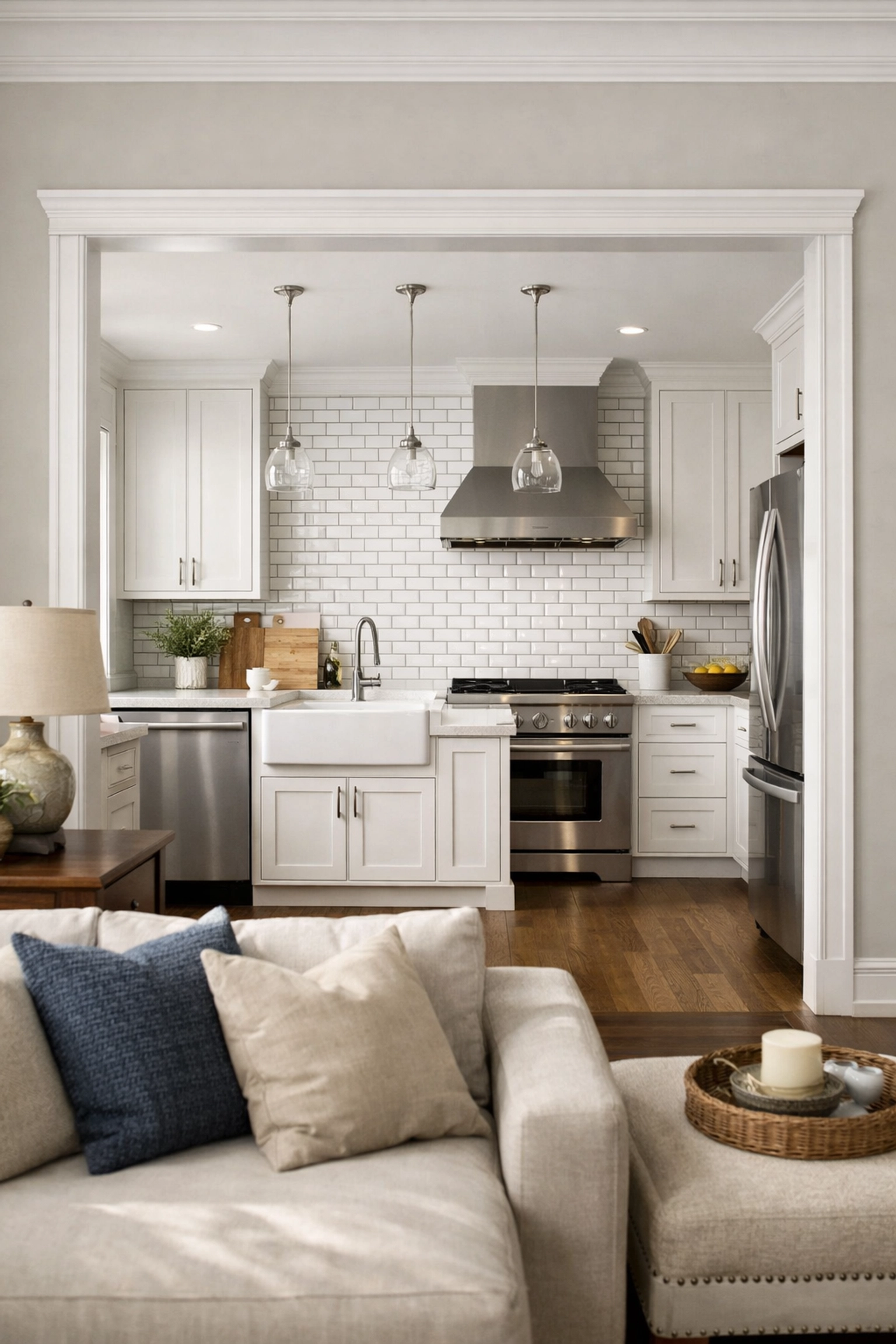 Transitional kitchen design Orlando featuring open layout connecting to living room with Shaker cabinets