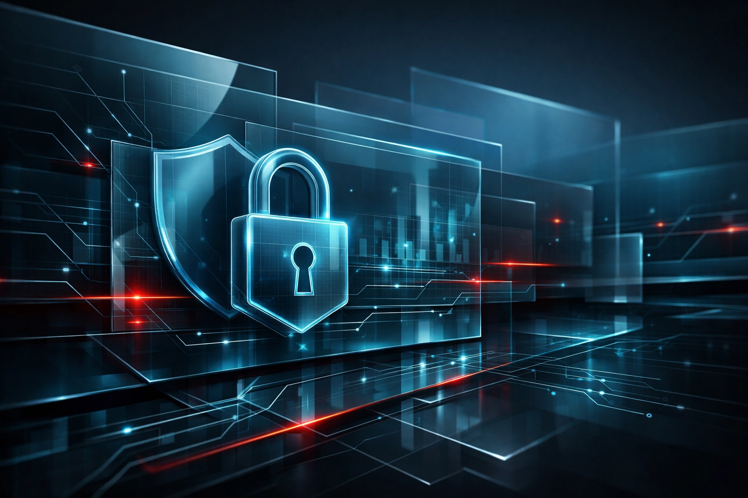 Abstract cybersecurity governance header image in obsidian and teal glass aesthetic.