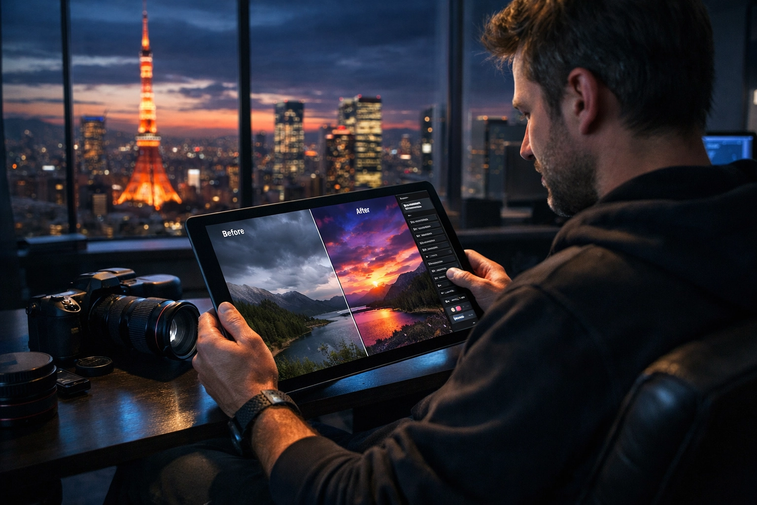 Professional photographer using a tablet to edit a blue hour cityscape with modern AI photography software.