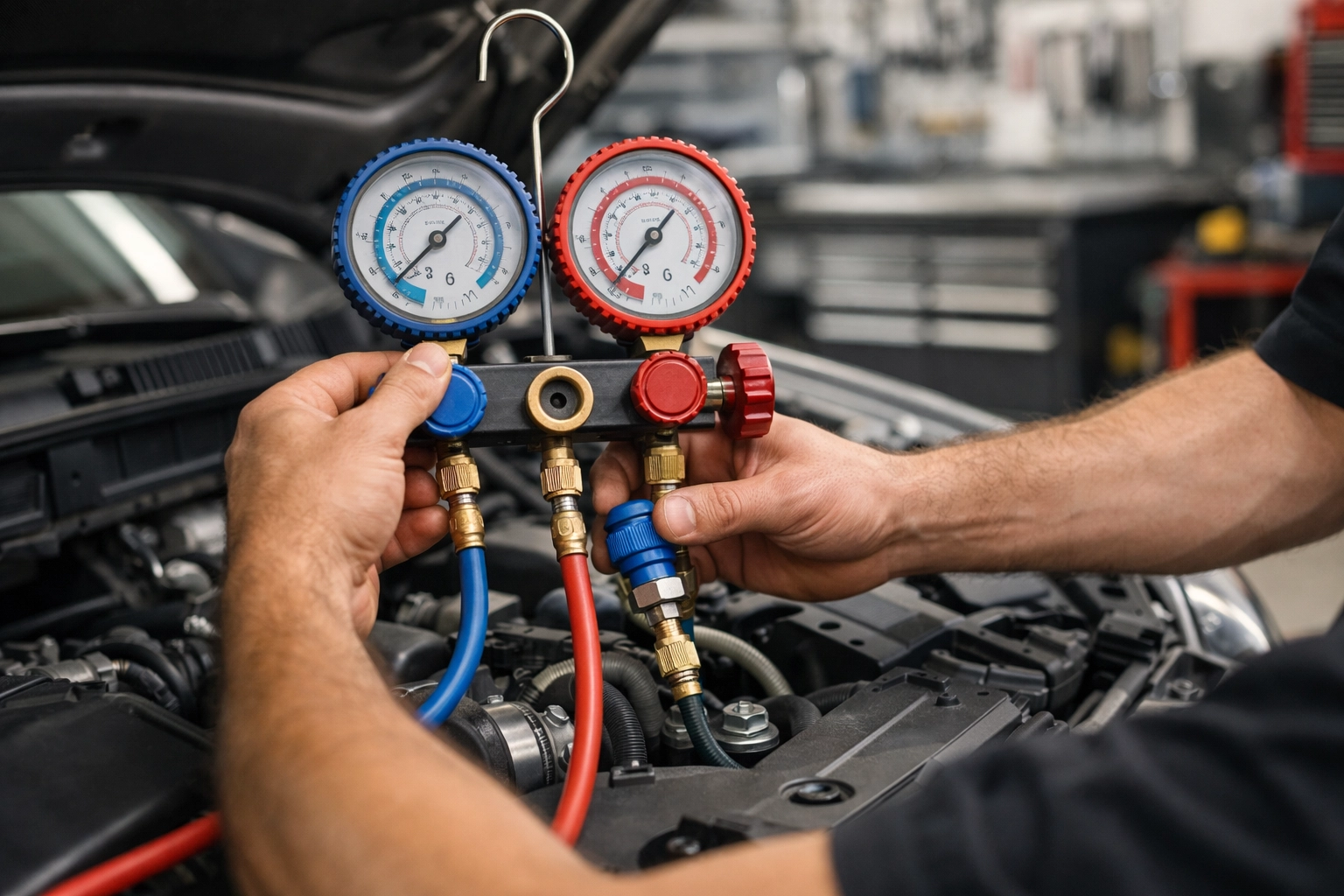 Automotive A/C manifold gauge set connected for diagnostics, clean professional shop background