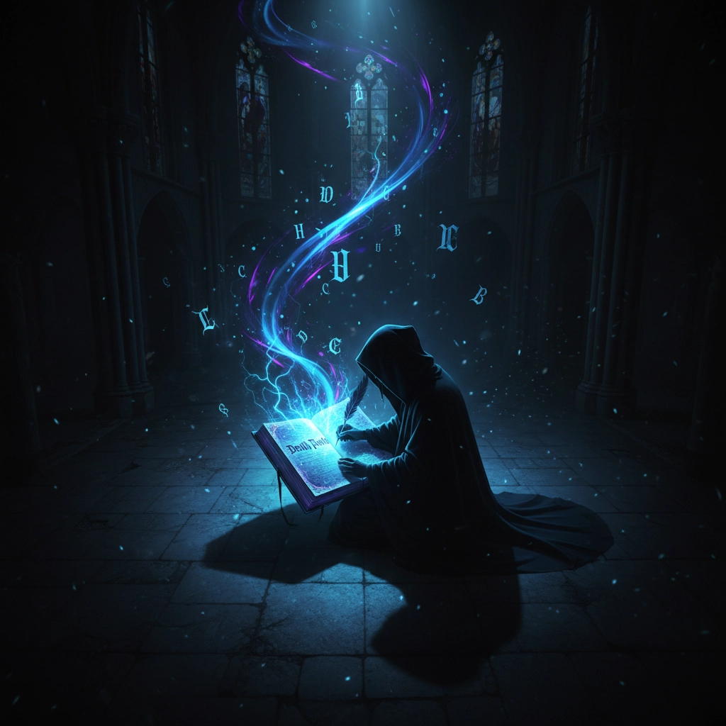A hooded figure writes in a glowing book in a dark, gothic room. Mystical blue and purple energy swirls upward, letters floating around.