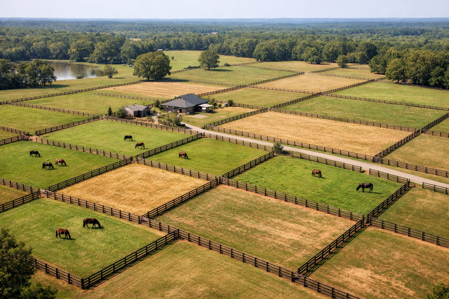 Aerial view of rotational grazing paddocks on Charlotte horse farm with wooden fencing