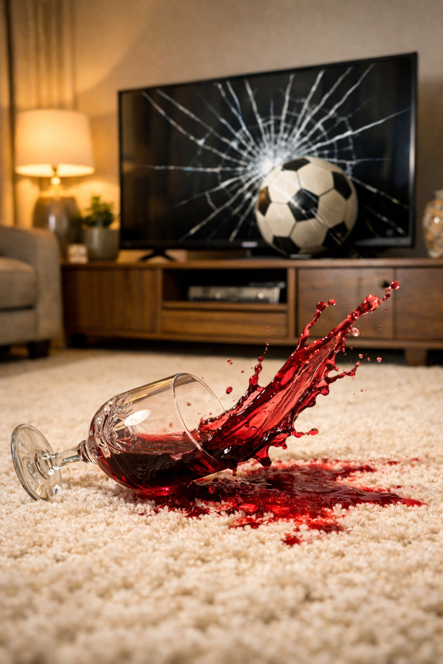 Red wine spilled on a cream carpet and a cracked TV illustrating accidental damage home insurance cover.