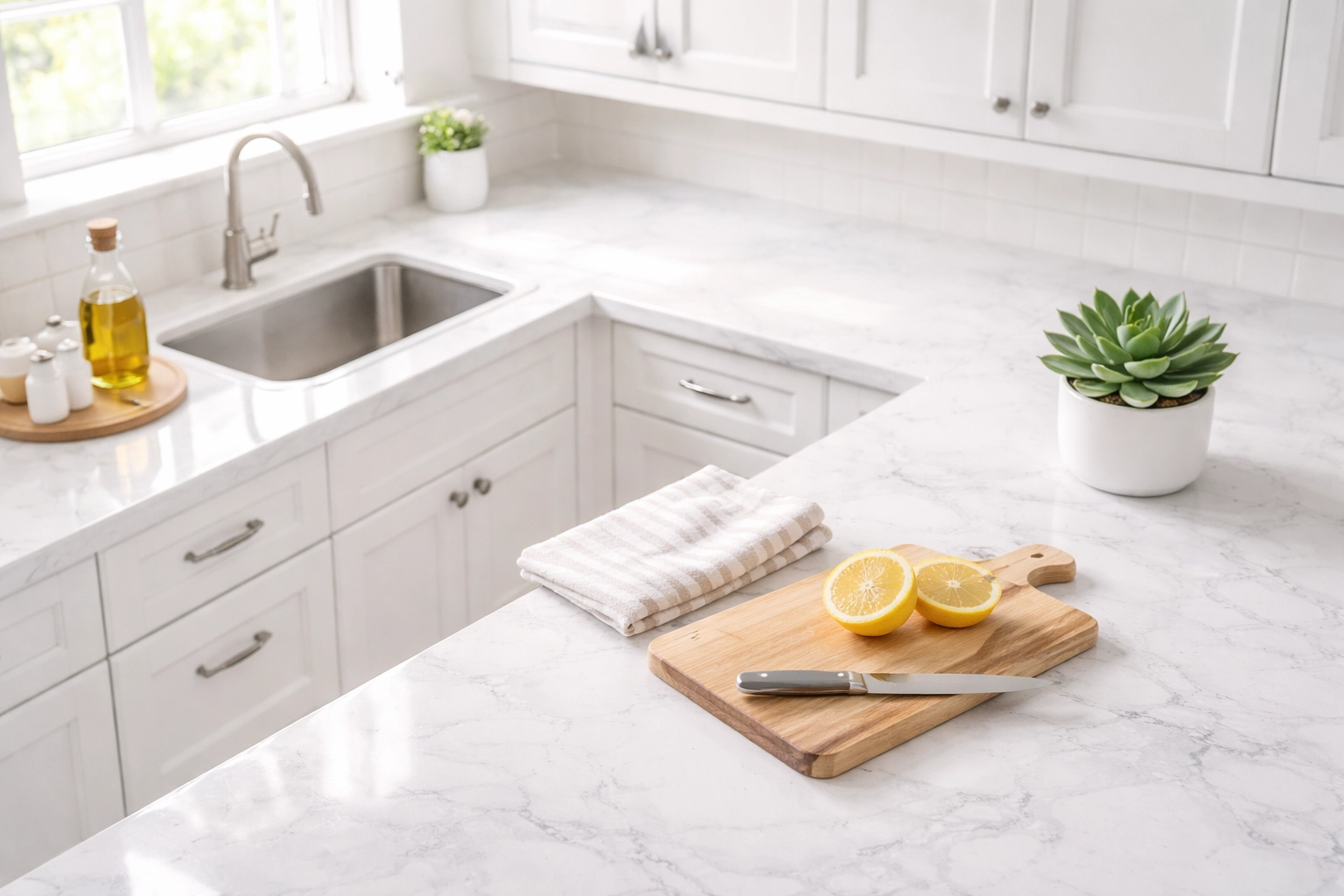 Spotless modern kitchen countertop flooded with natural light, highlighting expert house cleaning in Nanaimo and nearby areas.