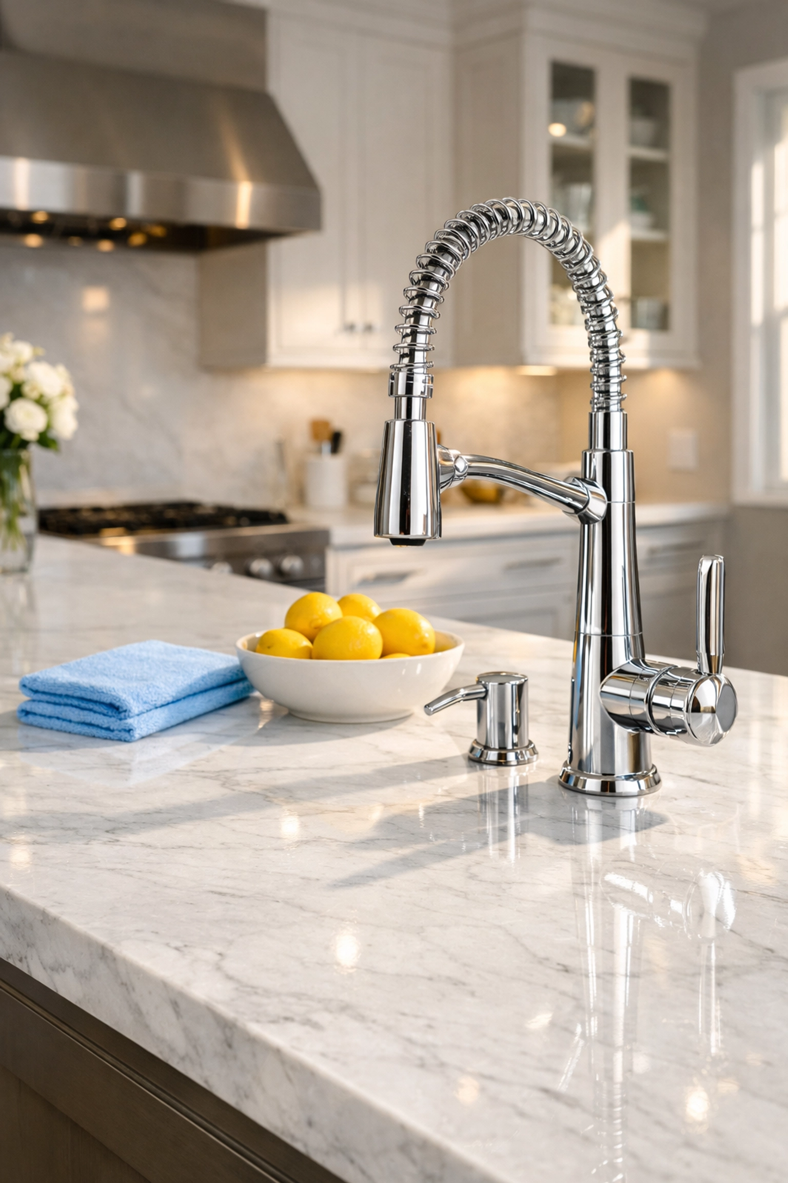 Pristine white marble kitchen countertop in a Shirley MA home showing the results of a professional deep clean.