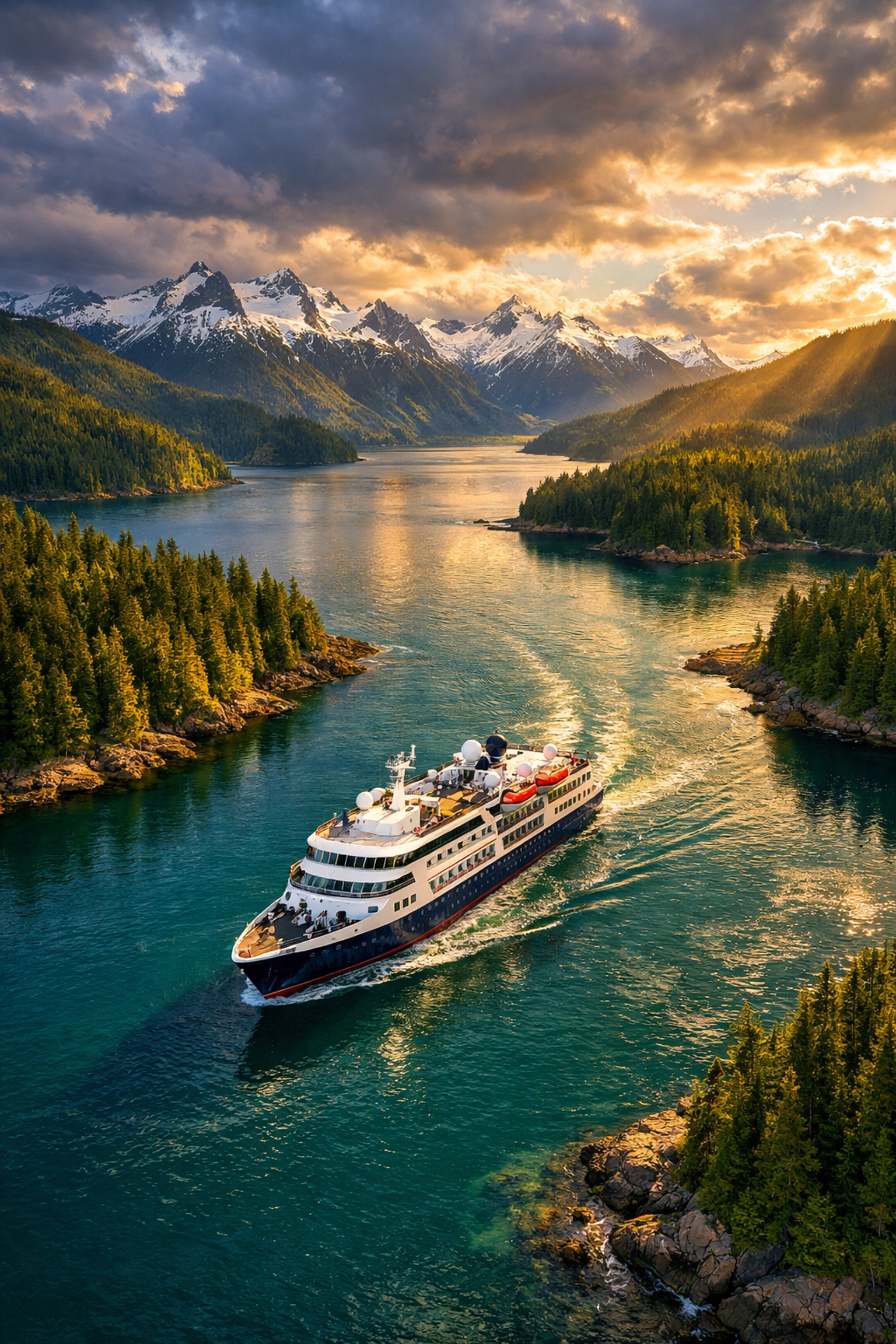 Luxury expedition cruise ship sailing through Alaska's Inside Passage with forested islands
