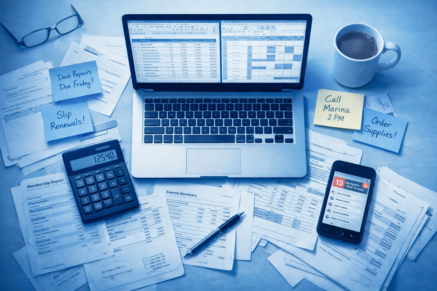 Cluttered yacht club office desk with paperwork, spreadsheets, and manual administrative tasks