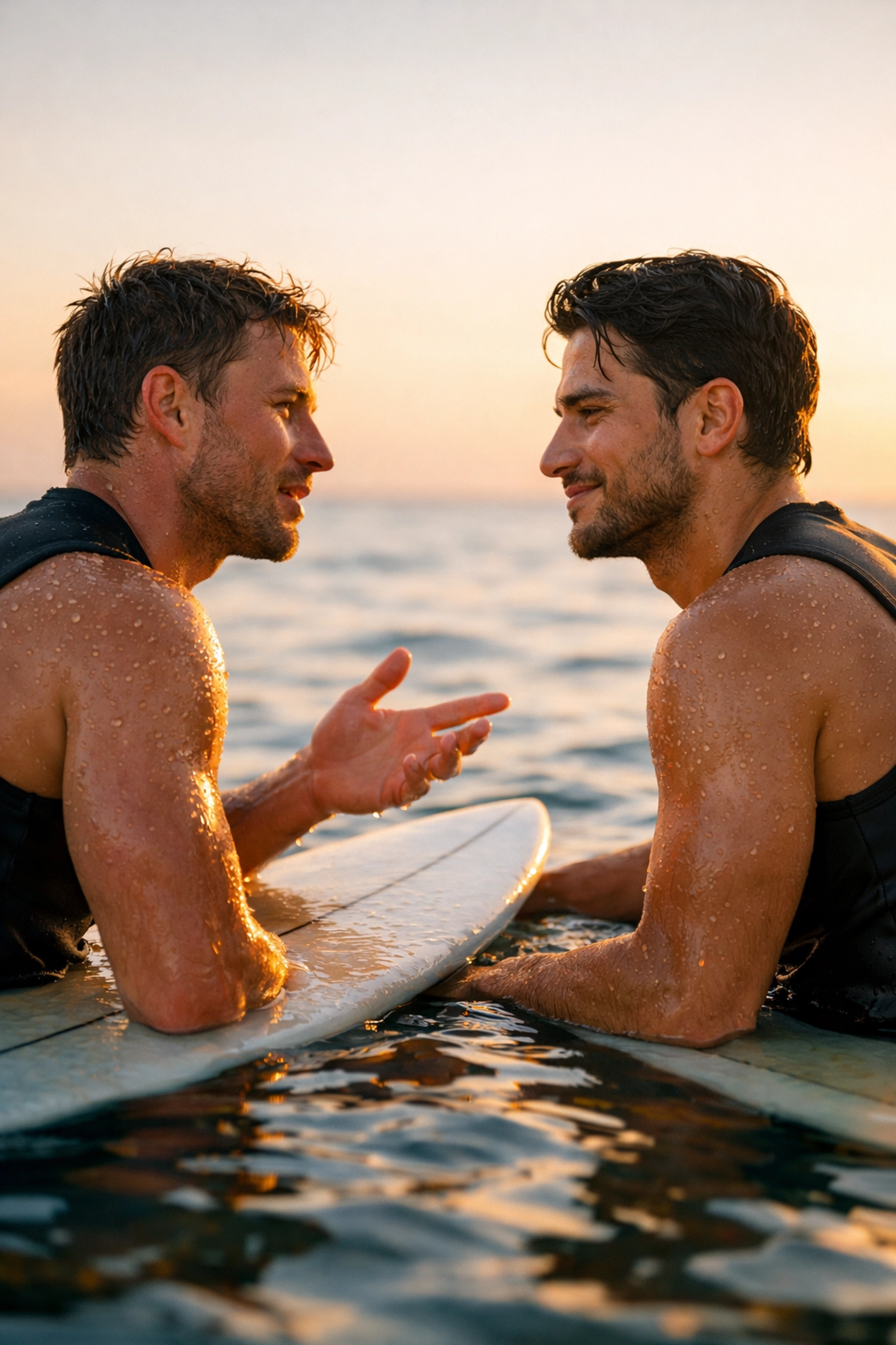 Gay surfers sharing intimate moment on surfboards in Shelter film MM romance
