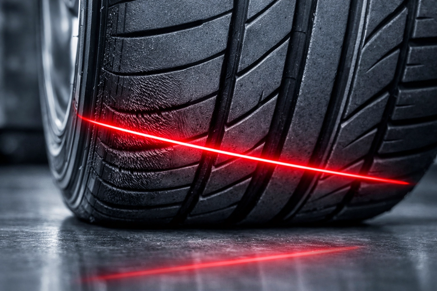Close-up of feathered tire tread wear showing the need for professional wheel alignment in Toronto.