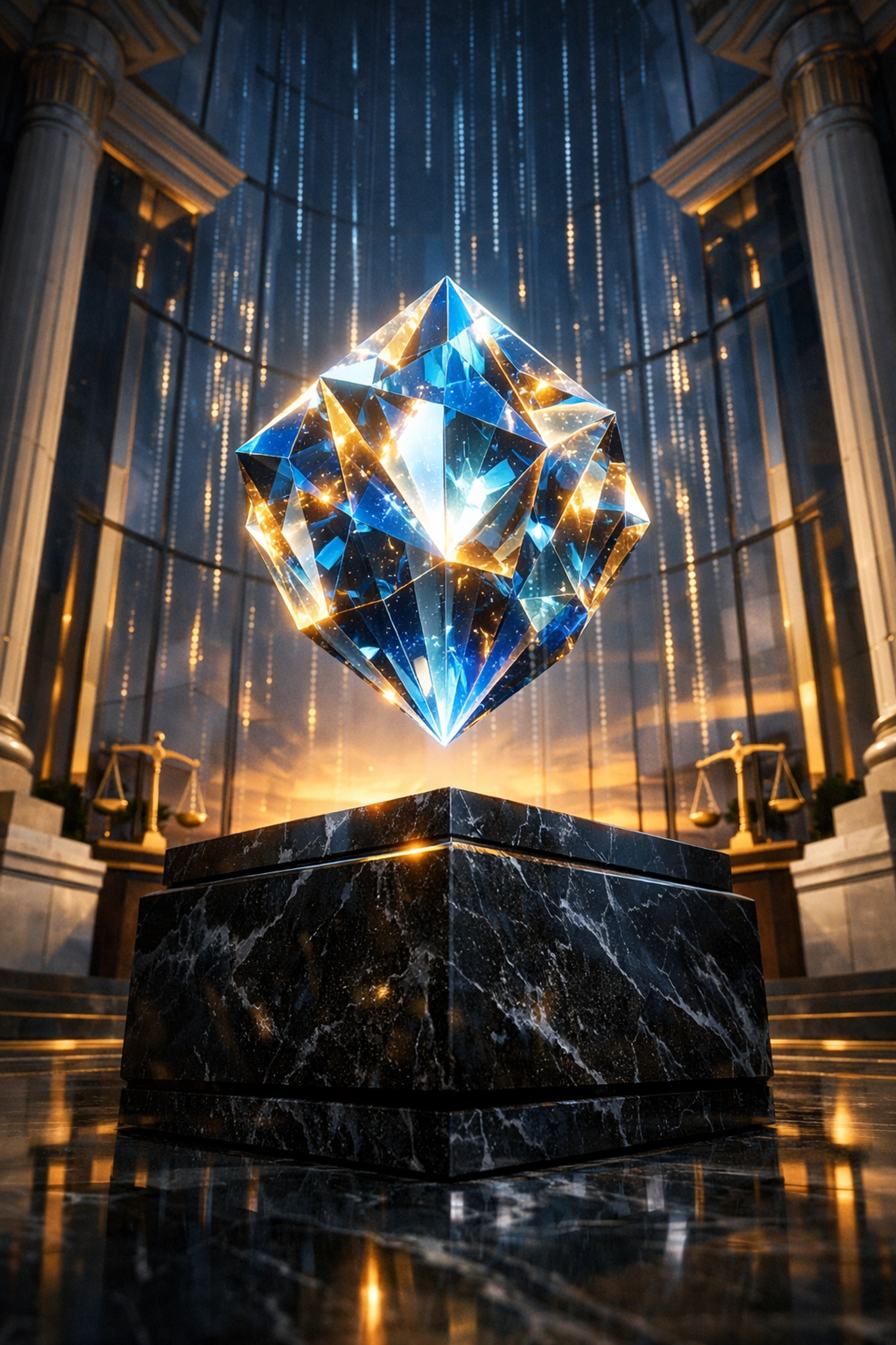 Secure digital commodity crystal in a futuristic hall, symbolizing Larecoin’s Web3 regulatory legitimacy.