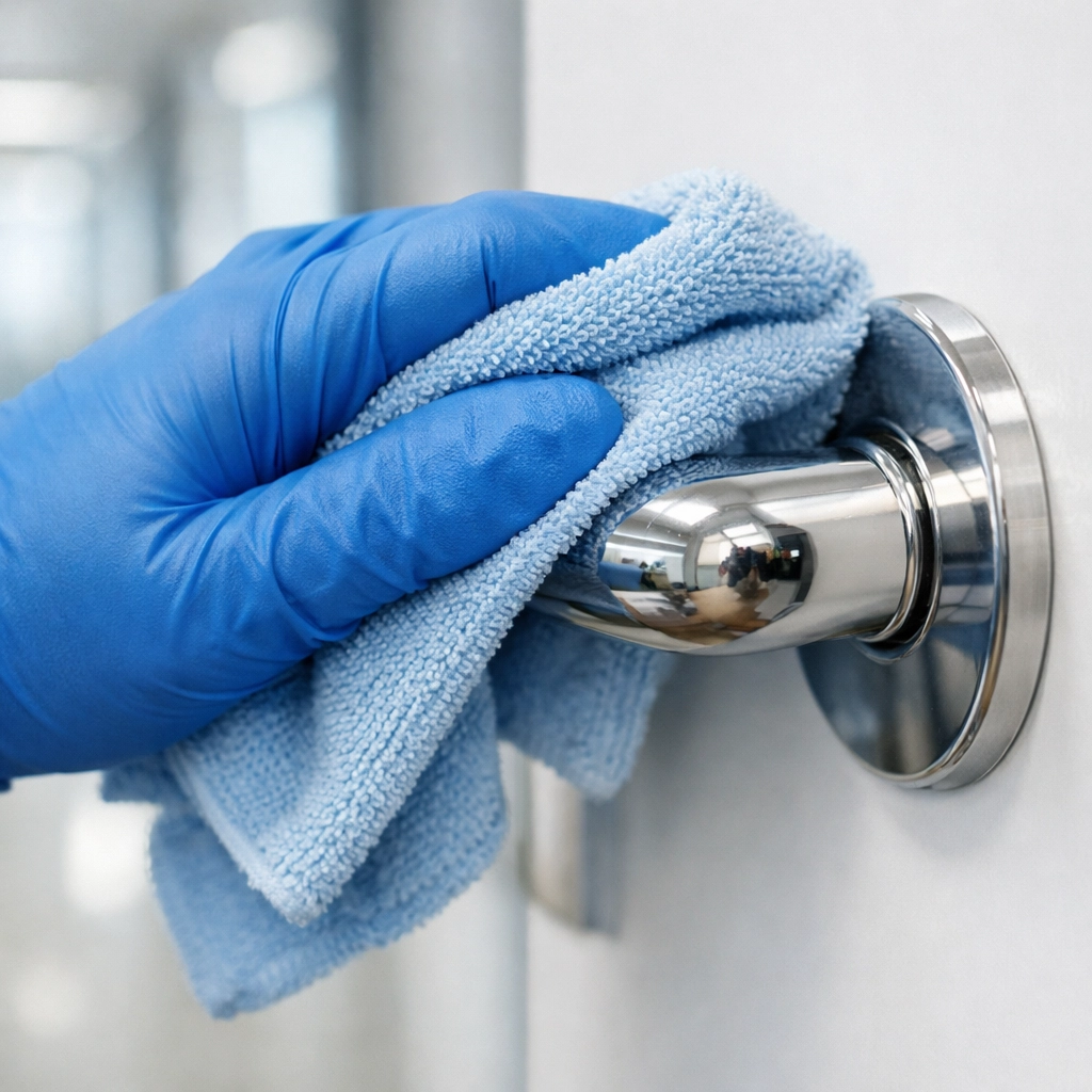 Commercial sanitization services in Westchester County NY cleaning a stainless steel office door handle.