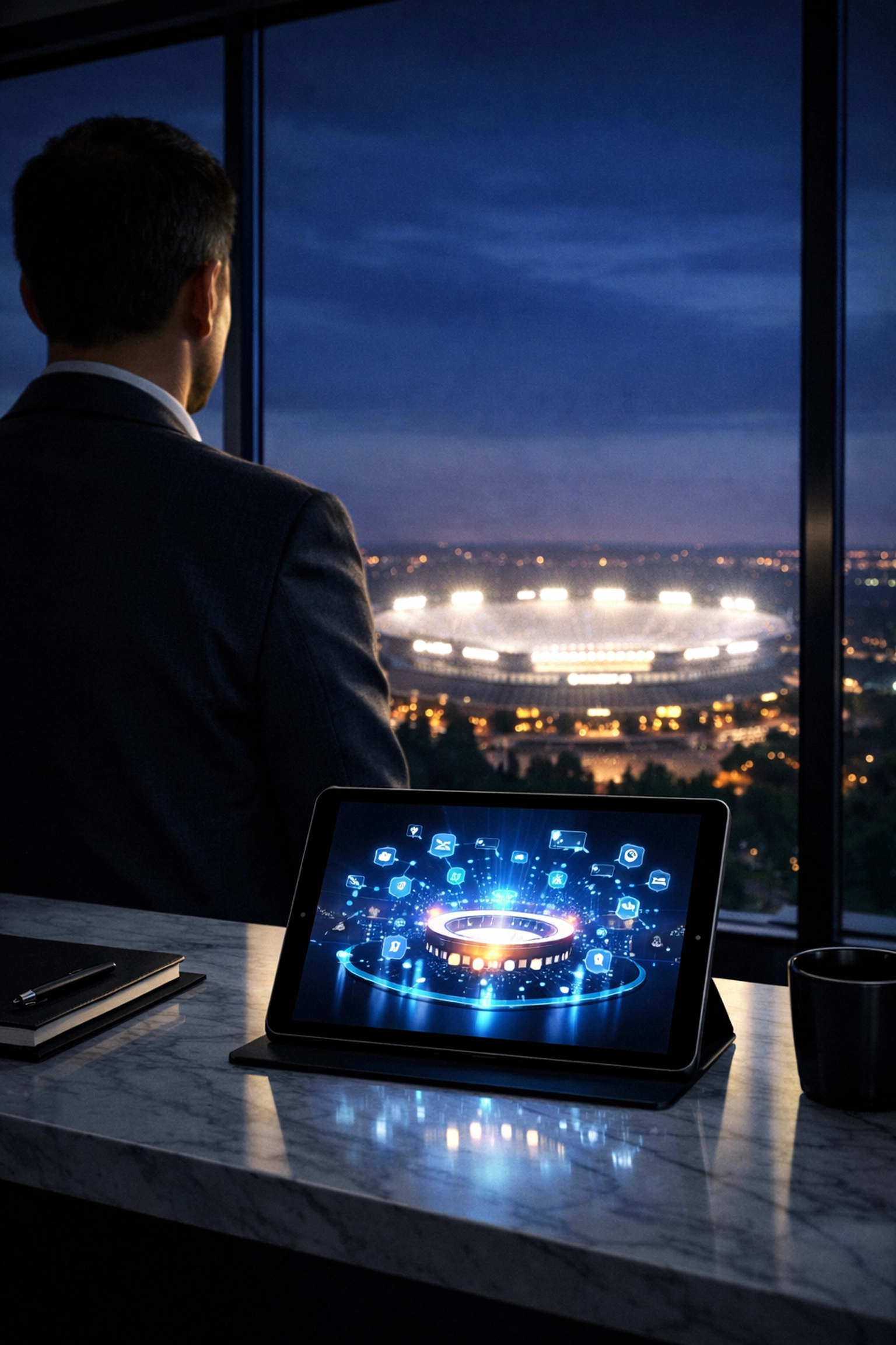 Marketing executive overlooking a sports stadium while analyzing a digital fan journey on a tablet.