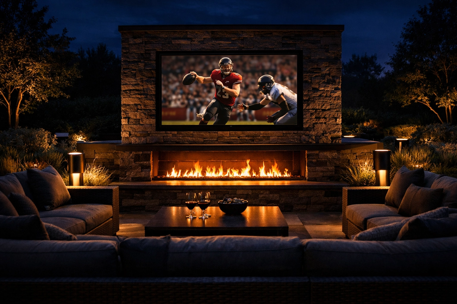 Integrated outdoor audio system and weather-resistant TV on a modern luxury patio.