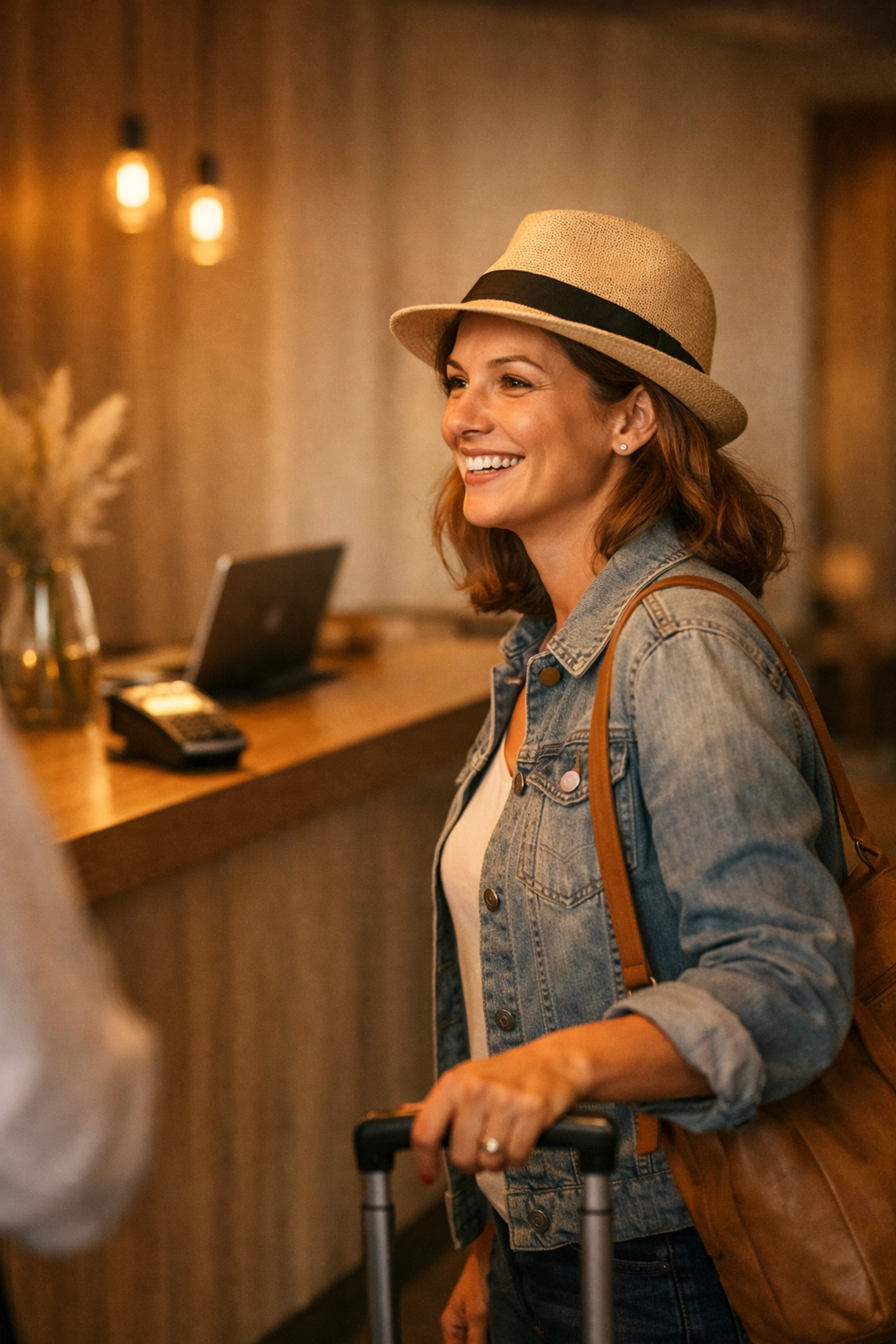 A happy guest enjoying a seamless check-in experience powered by hotel automation.