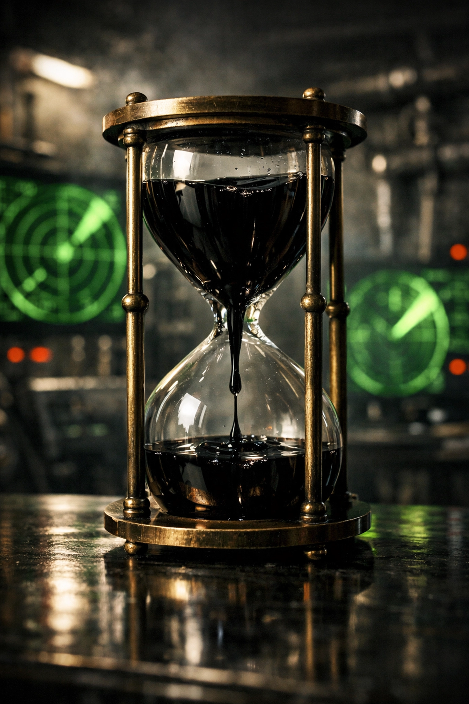 An hourglass filled with crude oil symbolizing the two-week temporary ceasefire deadline in the Middle East.