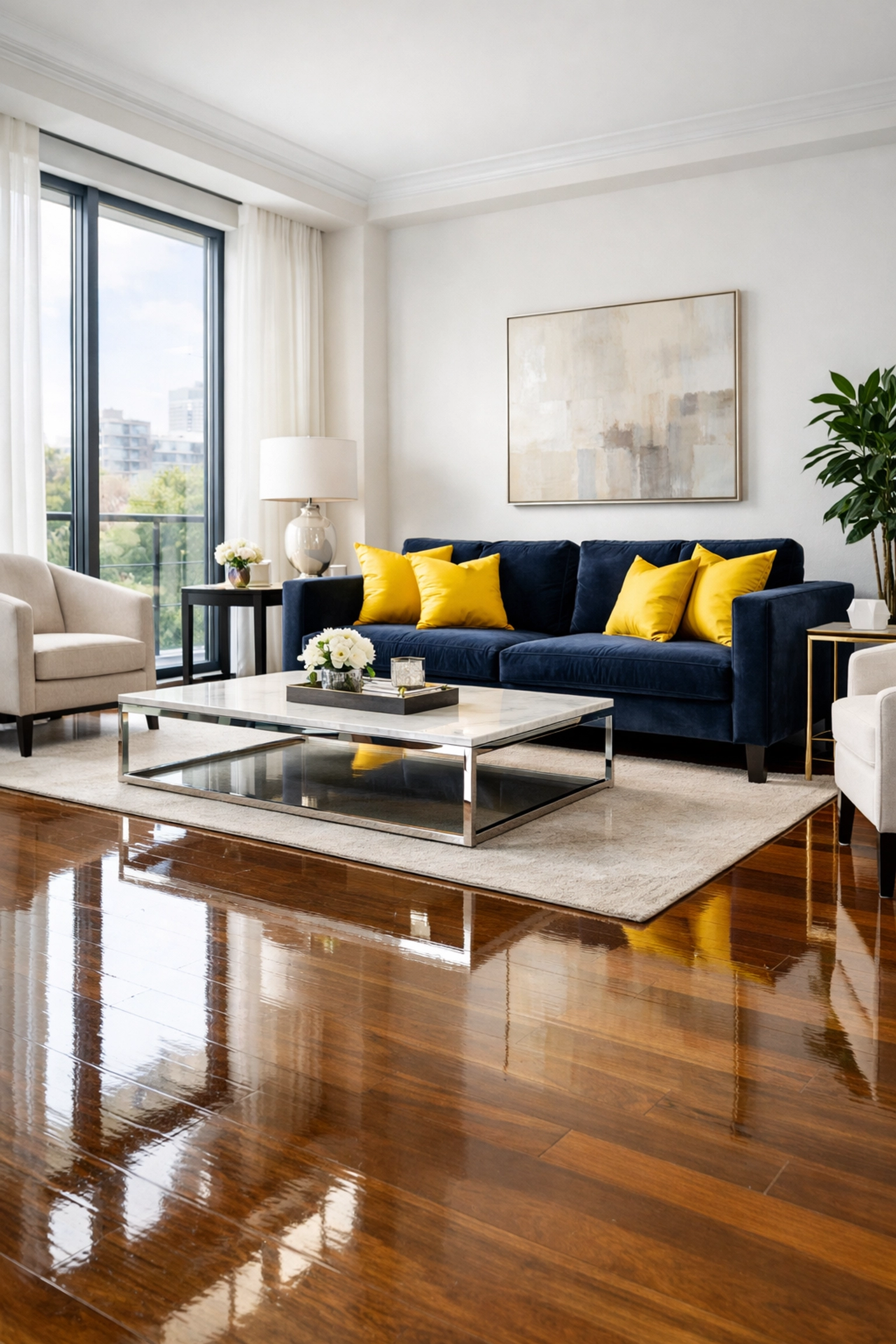 Luxury living room with polished floors highlighting expert house cleaning Worcester MA results.