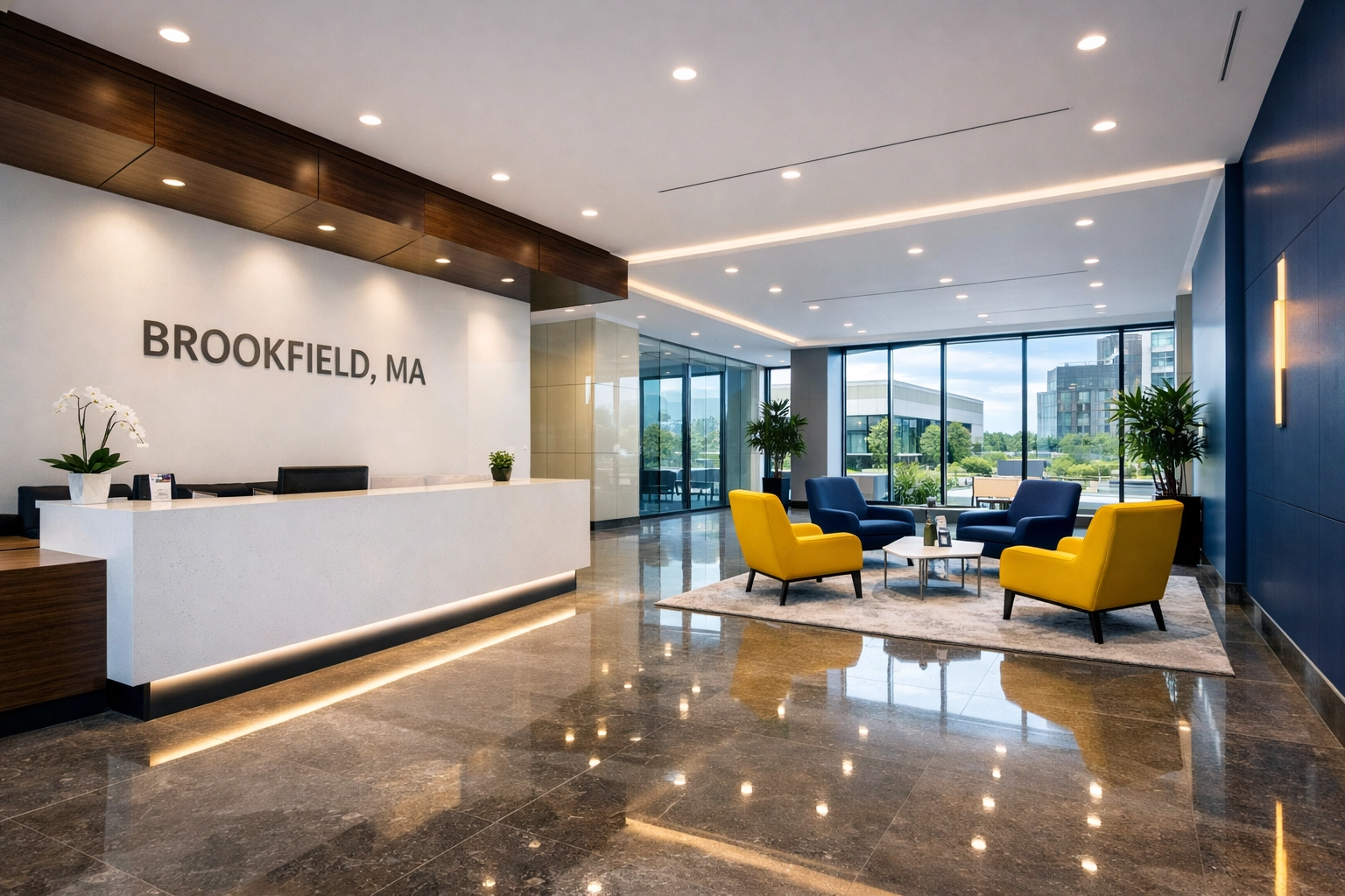 Sparkling office lobby in Brookfield, MA, highlighting expert commercial cleaning services for local businesses.