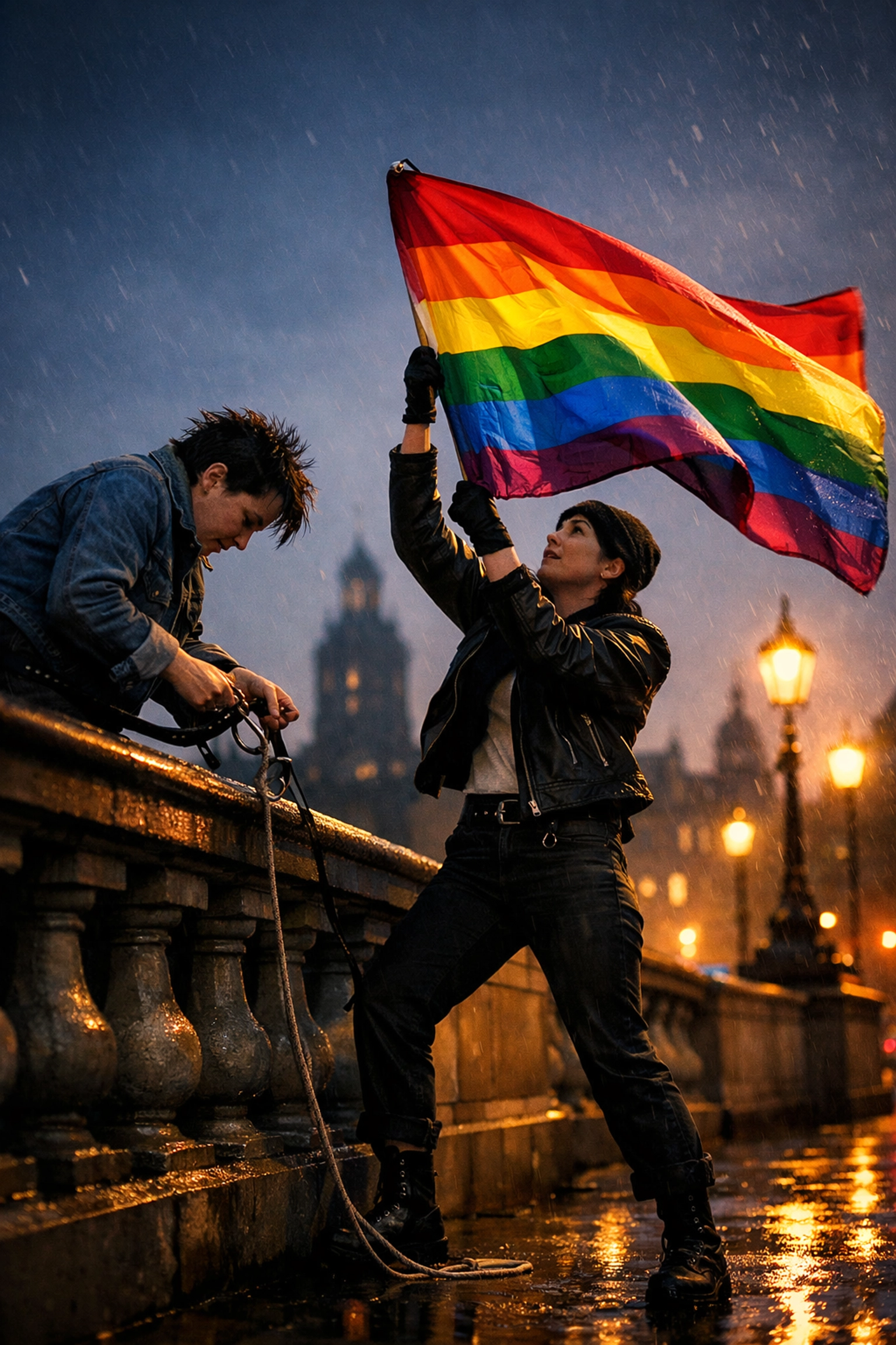 1980s London LGBTQ+ protest showing lesbian activists unfurling a rainbow flag in resistance to Section 28.