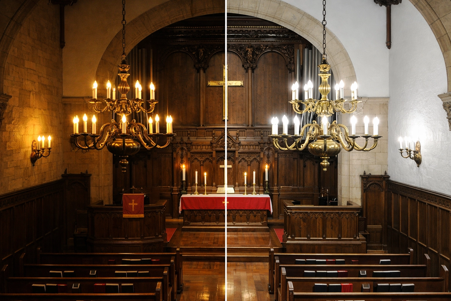Before and after comparison of LED lighting retrofit in traditional church fixtures