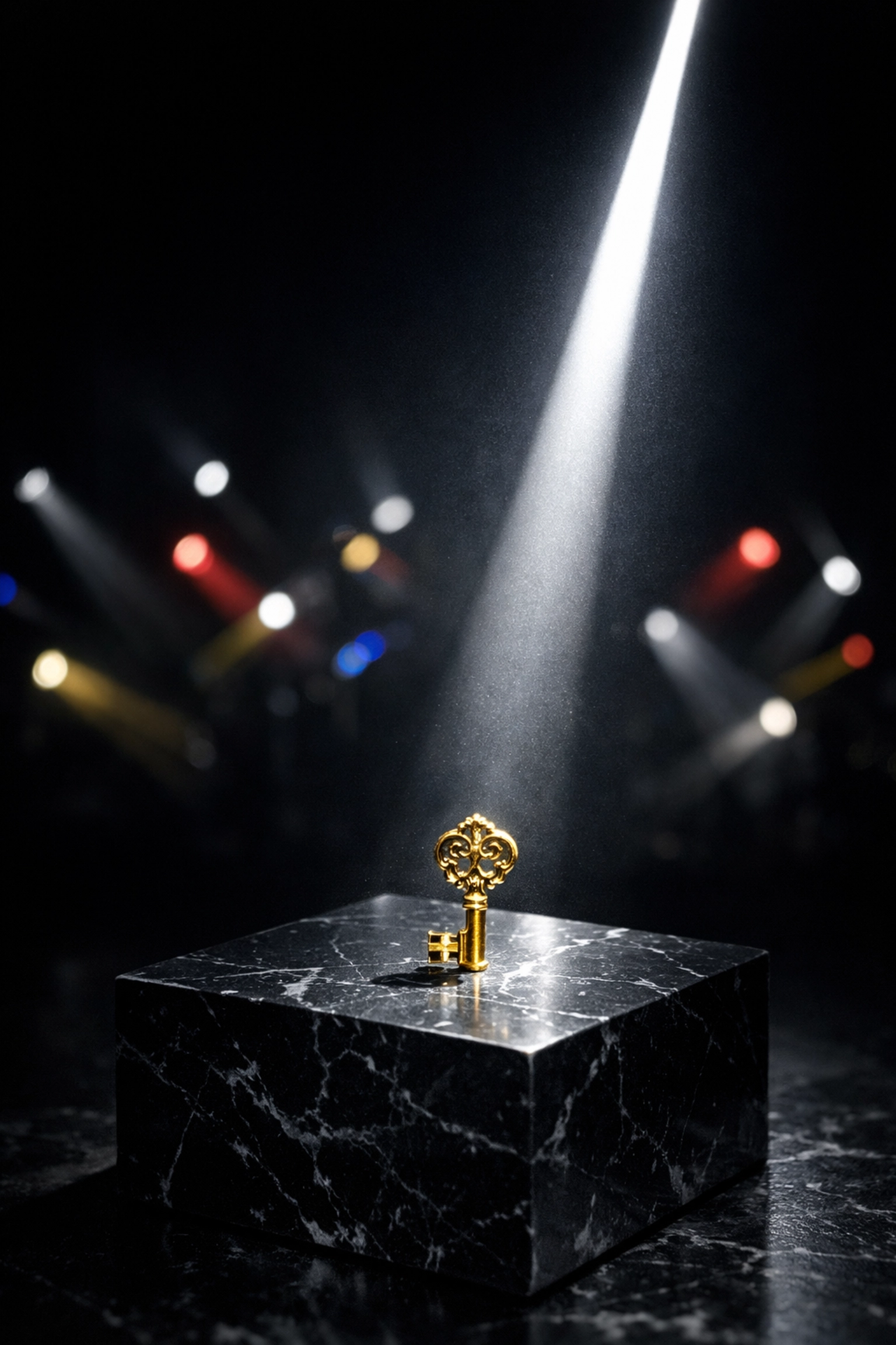 A single spotlight on a golden key representing a focused startup GTM strategy versus chaotic market noise.