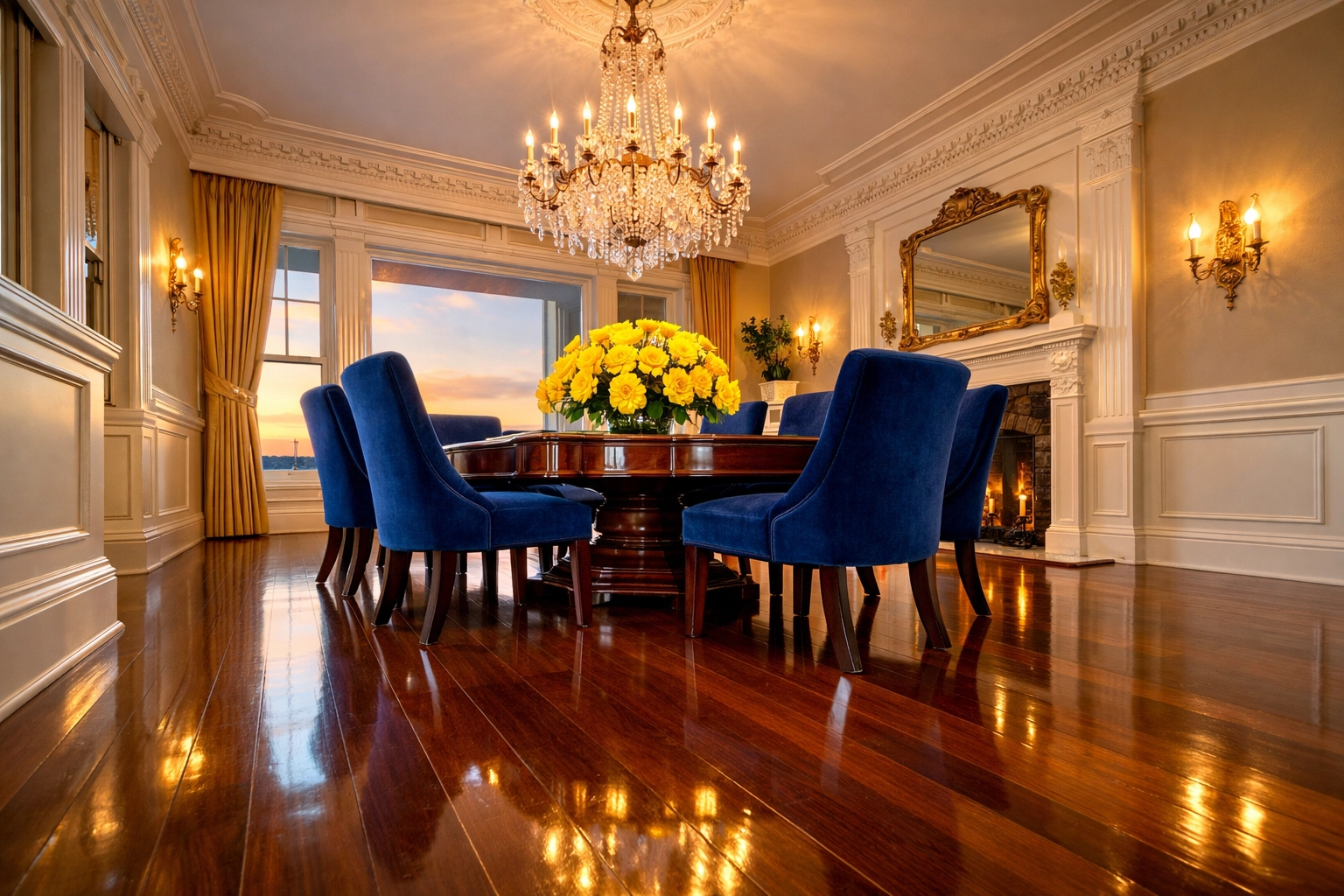 Deep cleaned historic Marblehead estate dining room with pristine mahogany table and polished floors.