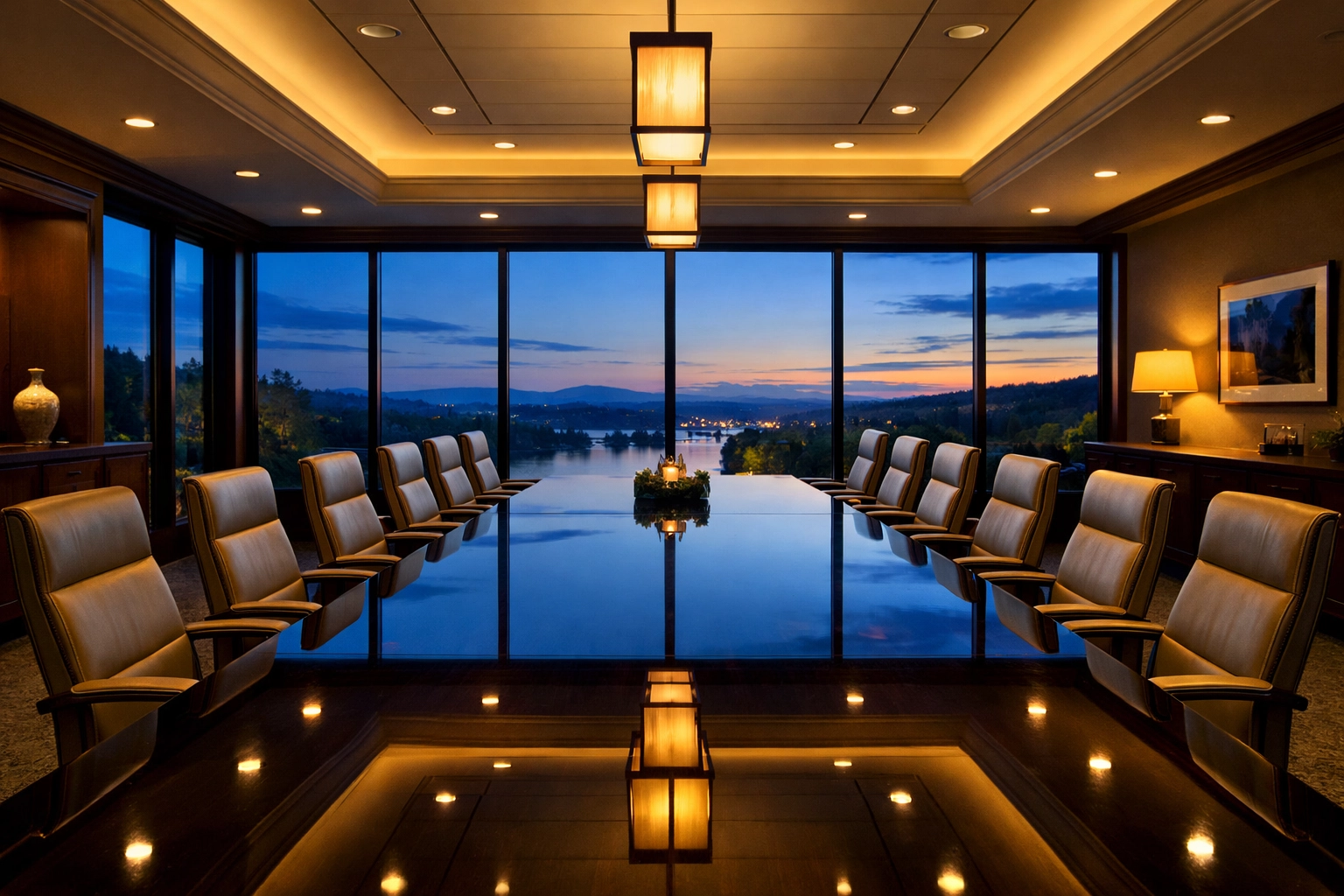 Luxury Hopkinton conference room with a polished wood table reflecting a clean professional space.
