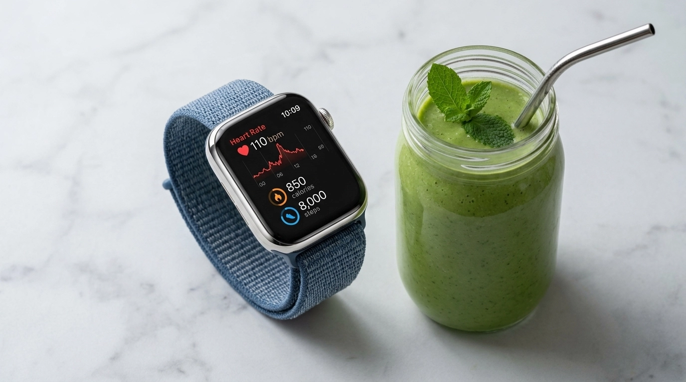 Smart watch and green smoothie representing data-driven health habits