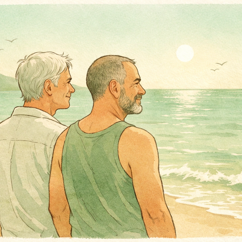 Two gay men in their 50s enjoying their first beach experience together after coming out