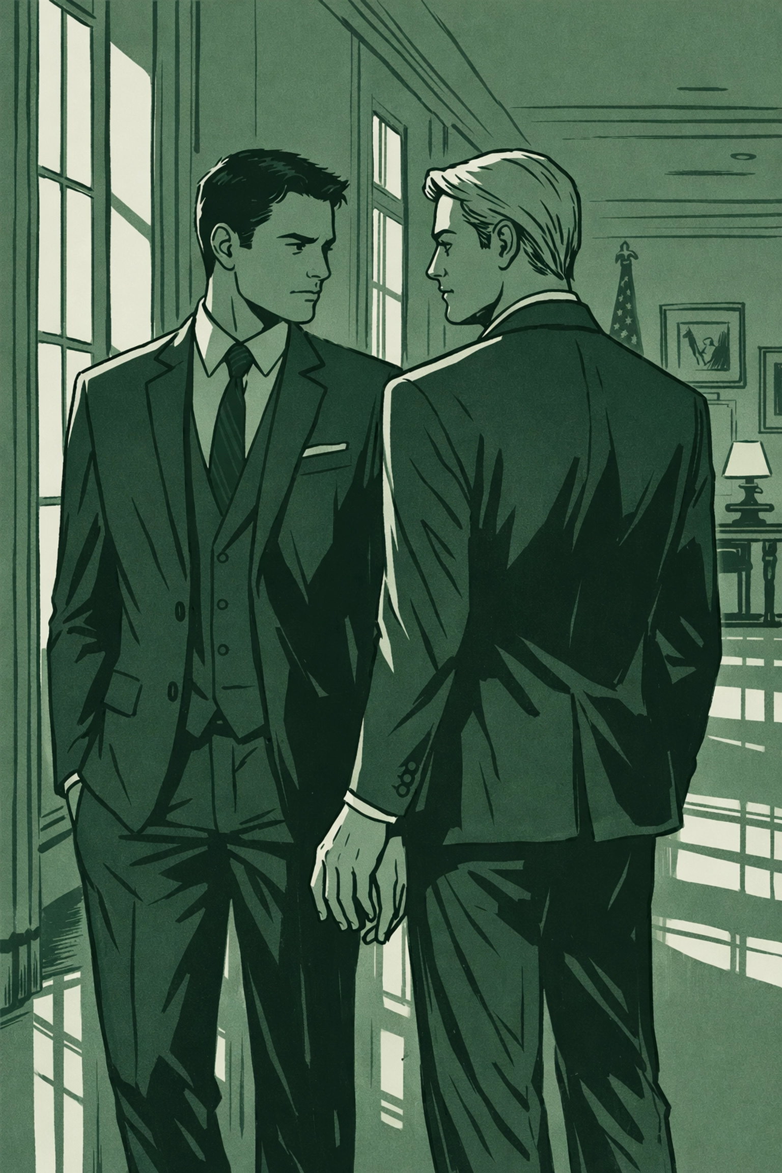 Two men in West Wing corridor showing forbidden MM romance tension in political setting