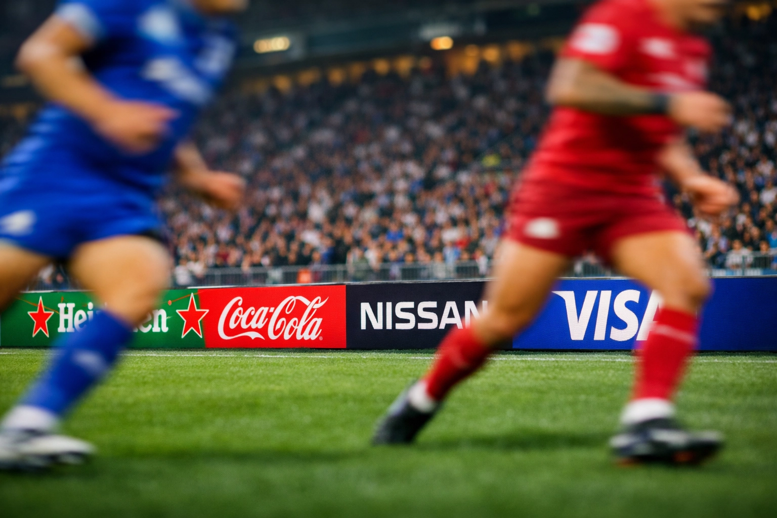 LED perimeter boards displaying brand advertisements during live sports game action