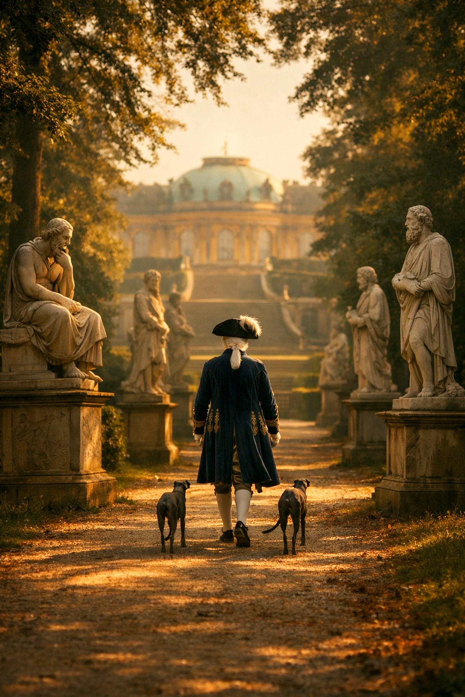 Frederick the Great walking alone through Sanssouci Palace gardens with philosopher statues
