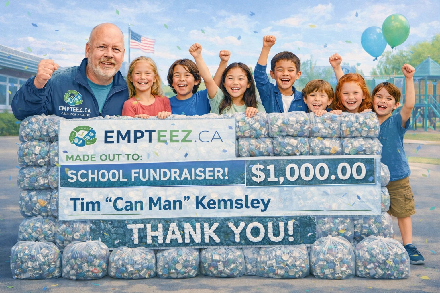 2D scene of Tim “Can Man” Kemsley with happy school kids holding a giant check made out of bags of cans