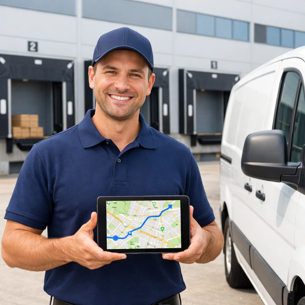 Professional courier with digital tablet planning delivery routes at warehouse loading dock