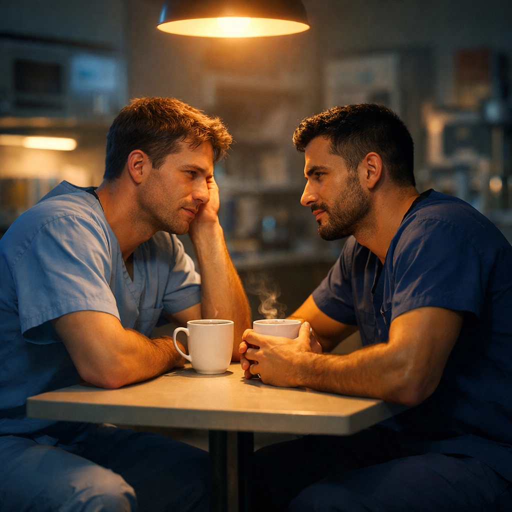 Gay medical professionals connect over coffee during night shift - MM romance trope