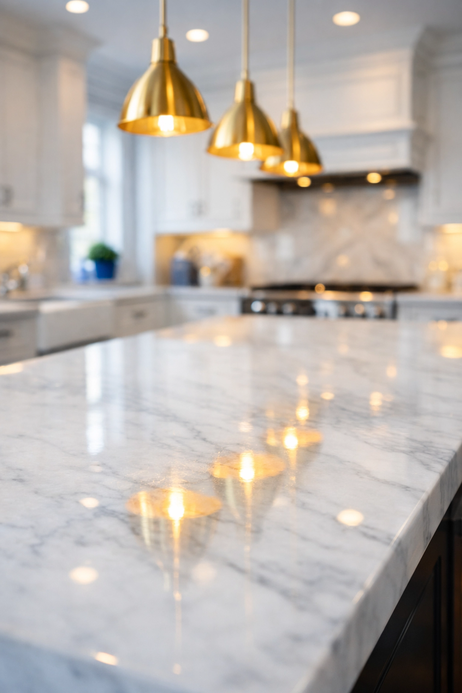 Streak-free Carrara marble kitchen island after luxury house cleaning in Newton MA.