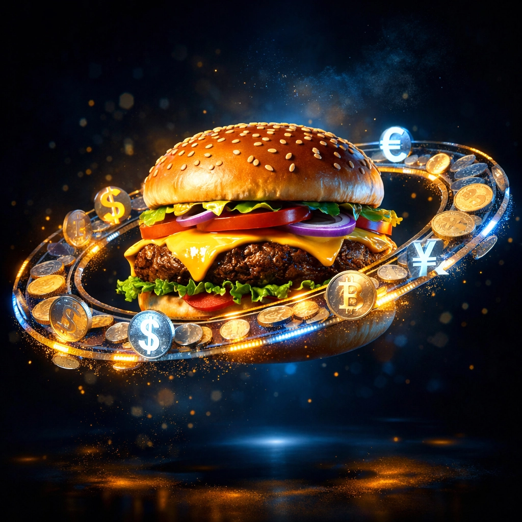 A floating hamburger surrounded by global currency symbols representing the Big Mac Index and purchasing power.