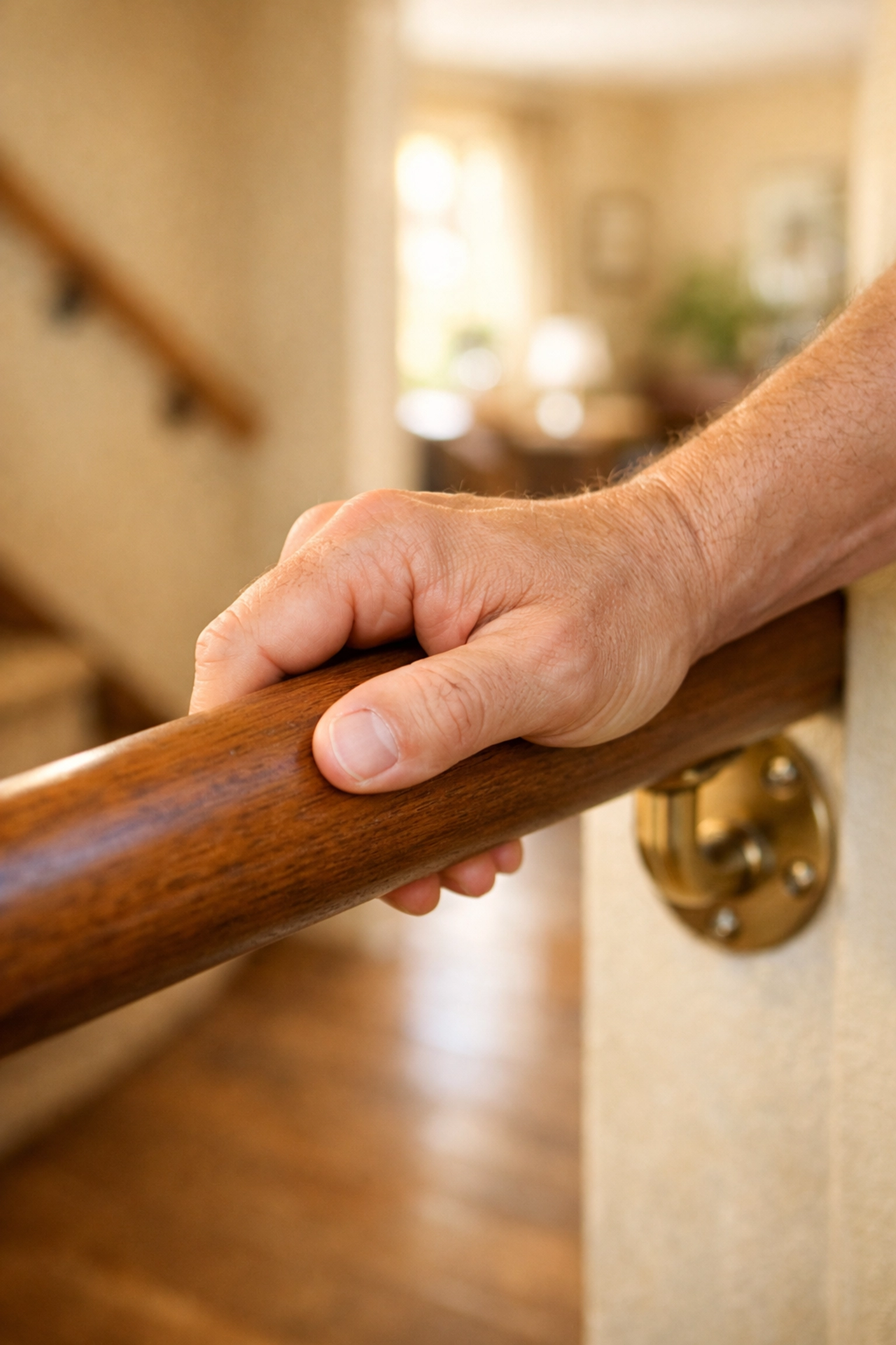 A hand firmly grasping a secure round wooden handrail to demonstrate proper stair safety and stability.