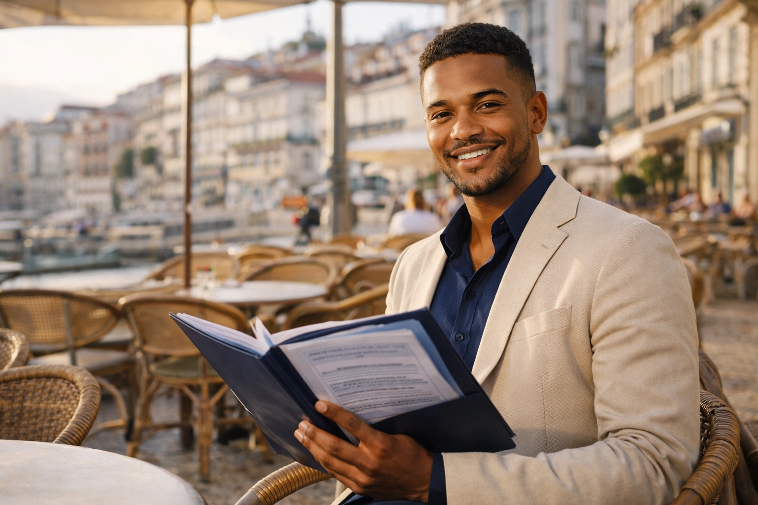 Jovem cabo-verdiano numa esplanada em Portugal a organizar documentos para começar a vida com confiança.