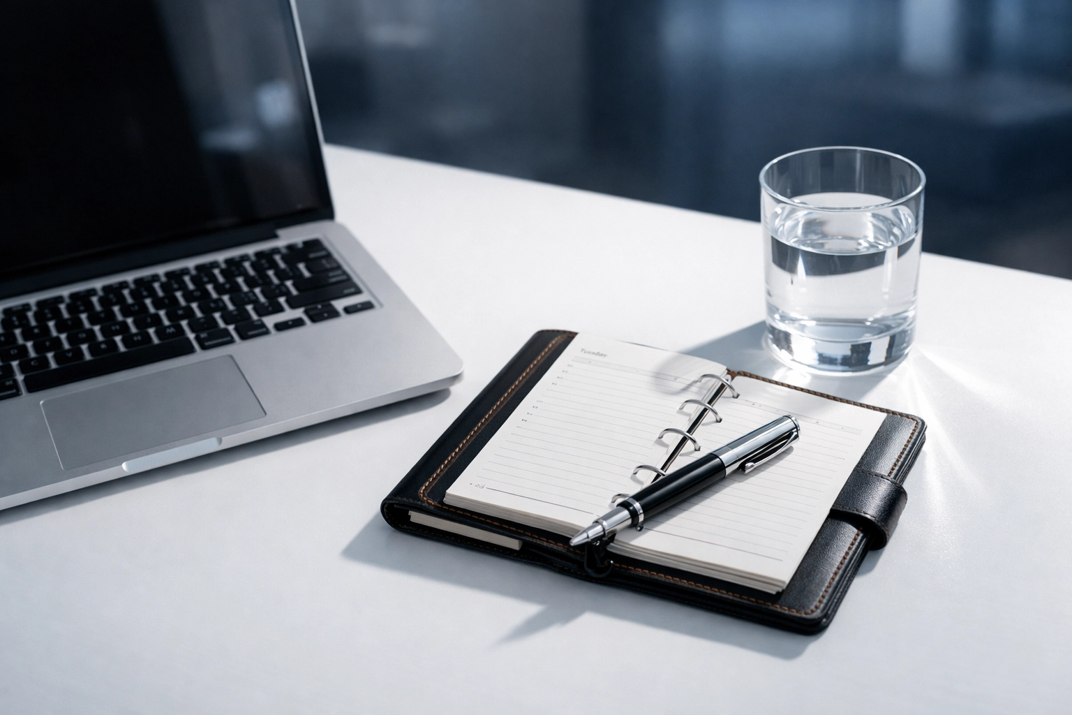 Professional executive desk with a laptop and planner representing Alabama business valuation planning.