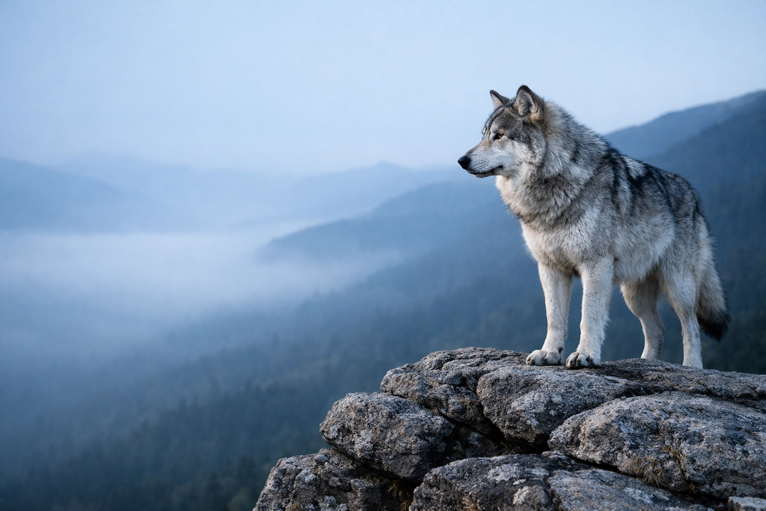 A wolf on a rocky outcrop using the rule of thirds for dynamic stock photo composition.