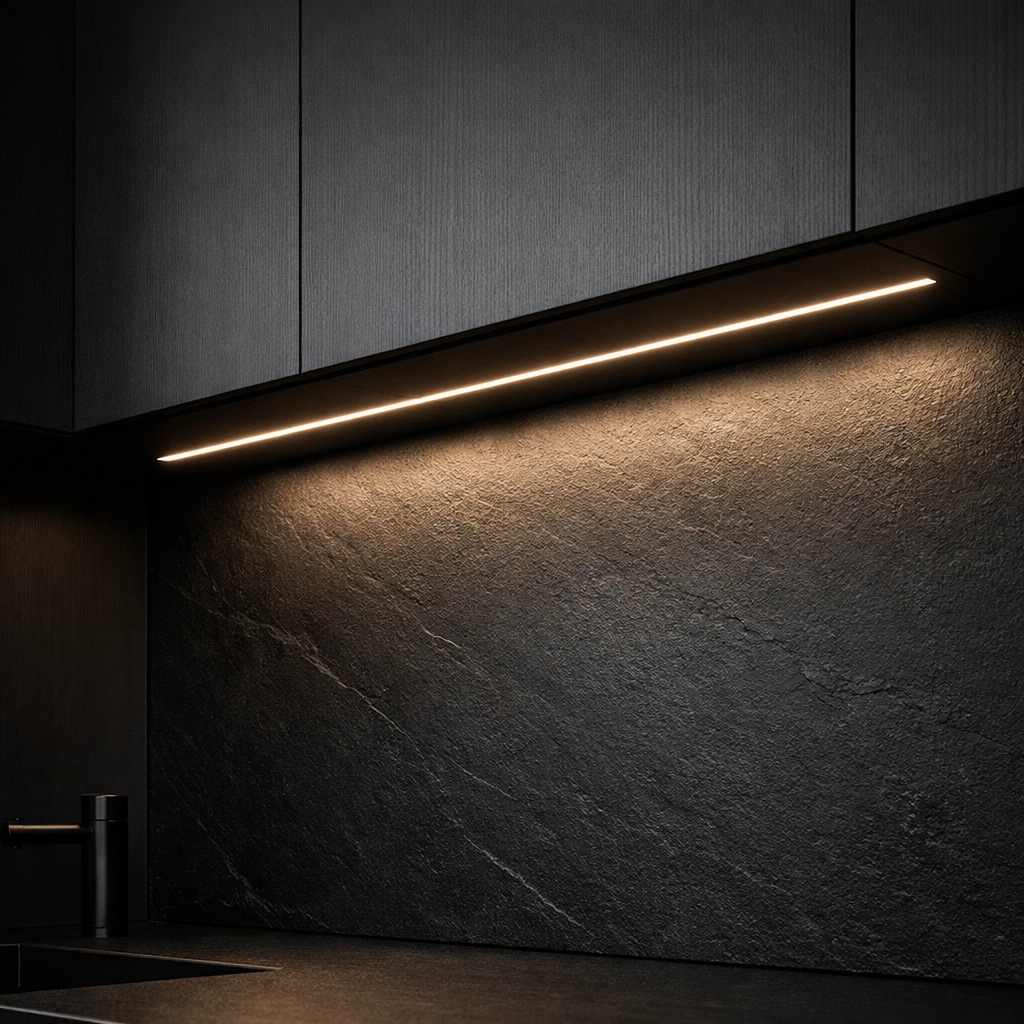Bespoke under cabinet LED lighting integrated into modern dark kitchen cabinetry.